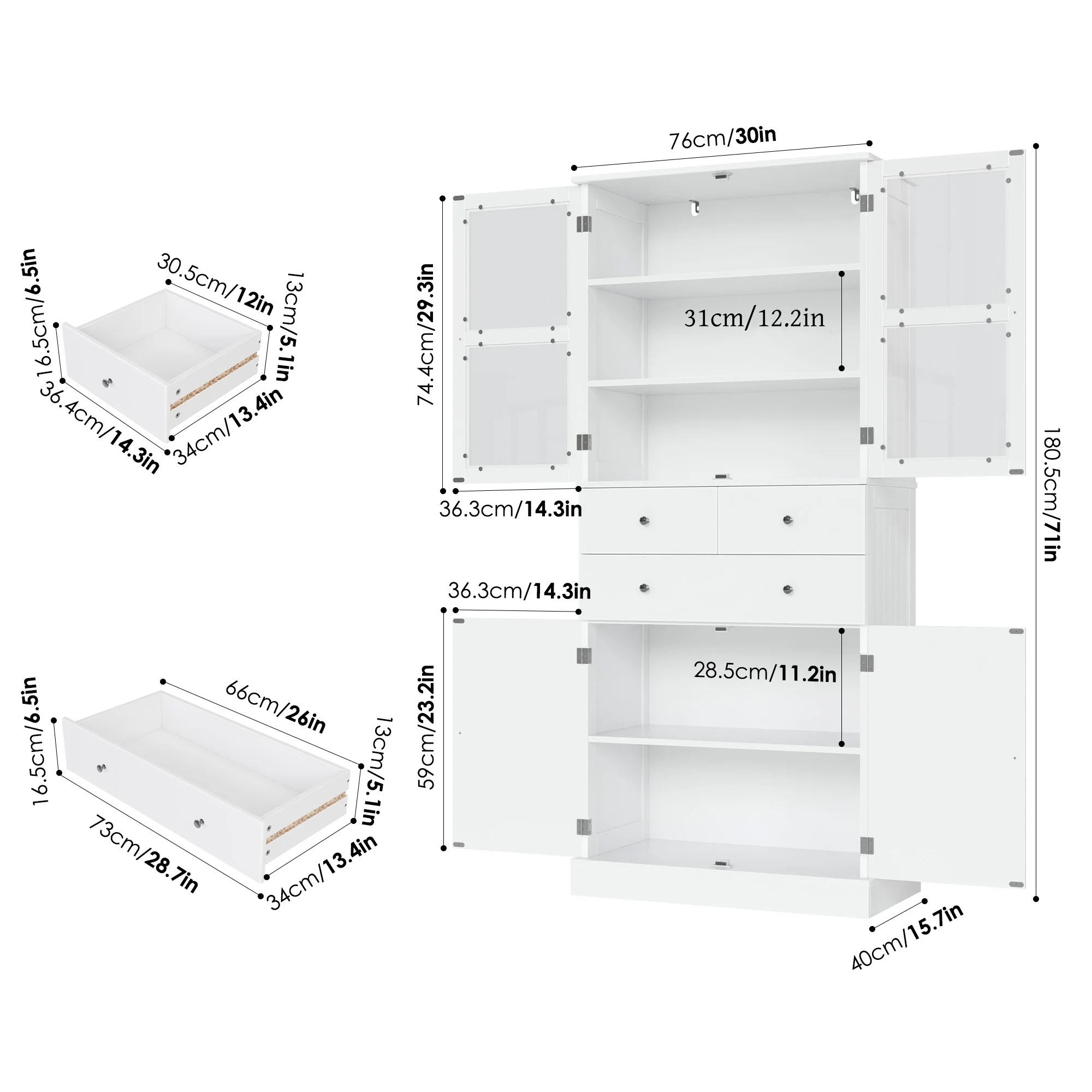 Homfa 71'' Kitchen Pantry with 5-Tier Shelves & 3 Drawers, Floor Cabinet Storage Cupboard With Display Glass Doors for Dining Room, White