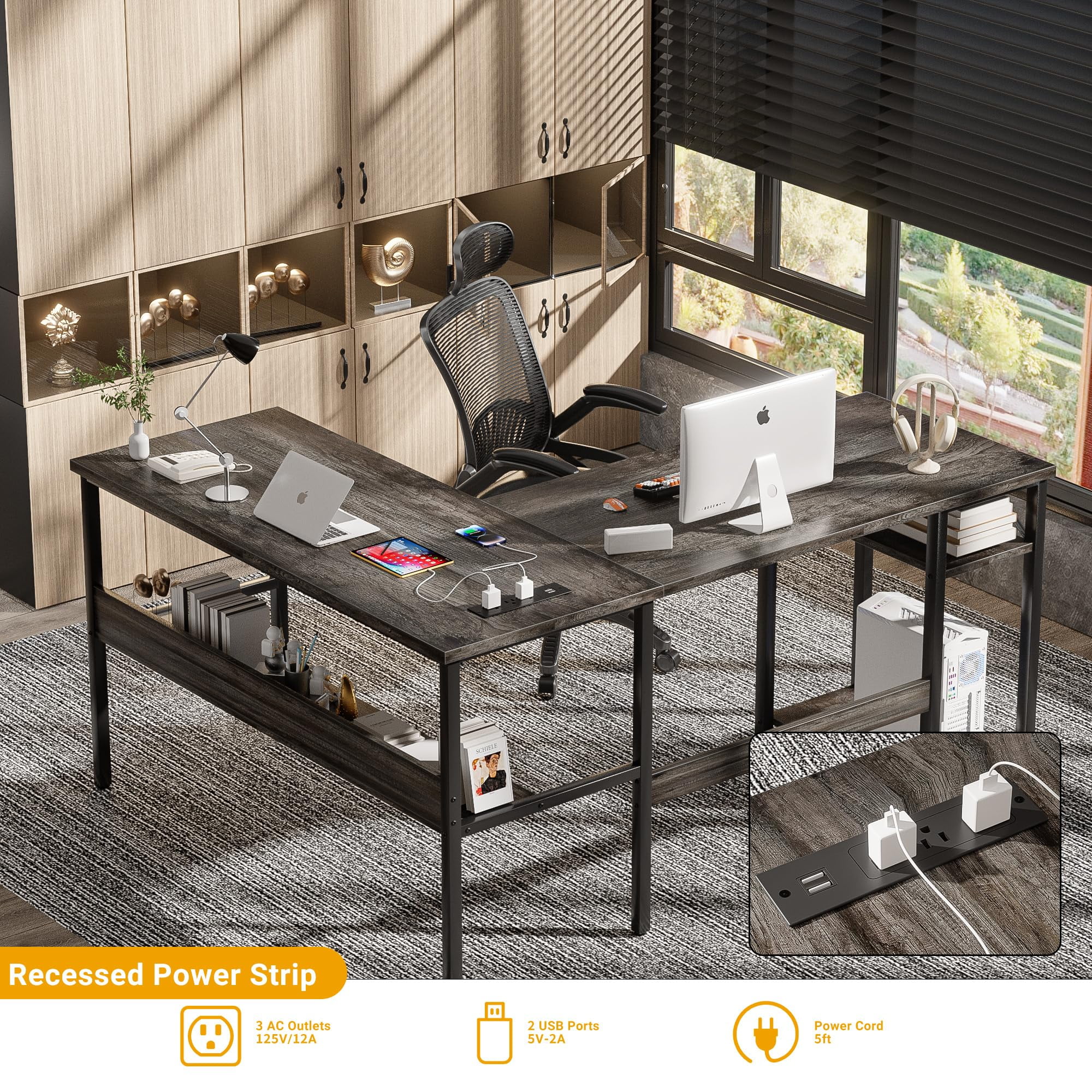 Homieasy Reversible L Shaped Desk with Magic Power Outlets and USB Charging Ports, Sturdy Corner Computer Desk with Storage Shelves, Gaming Table Home Office Desk, Easy to Assemble, Black Oak