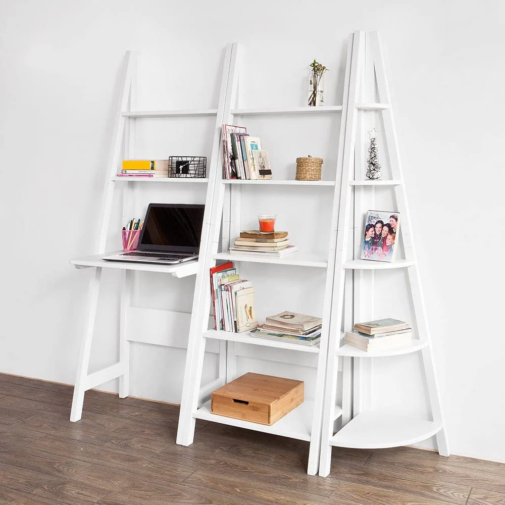 Haotian FRG60-W, White Ladder Shelf Desk, Bookcase, Book Shelf, Leaning Desk With Shelves, Wall Shelf
