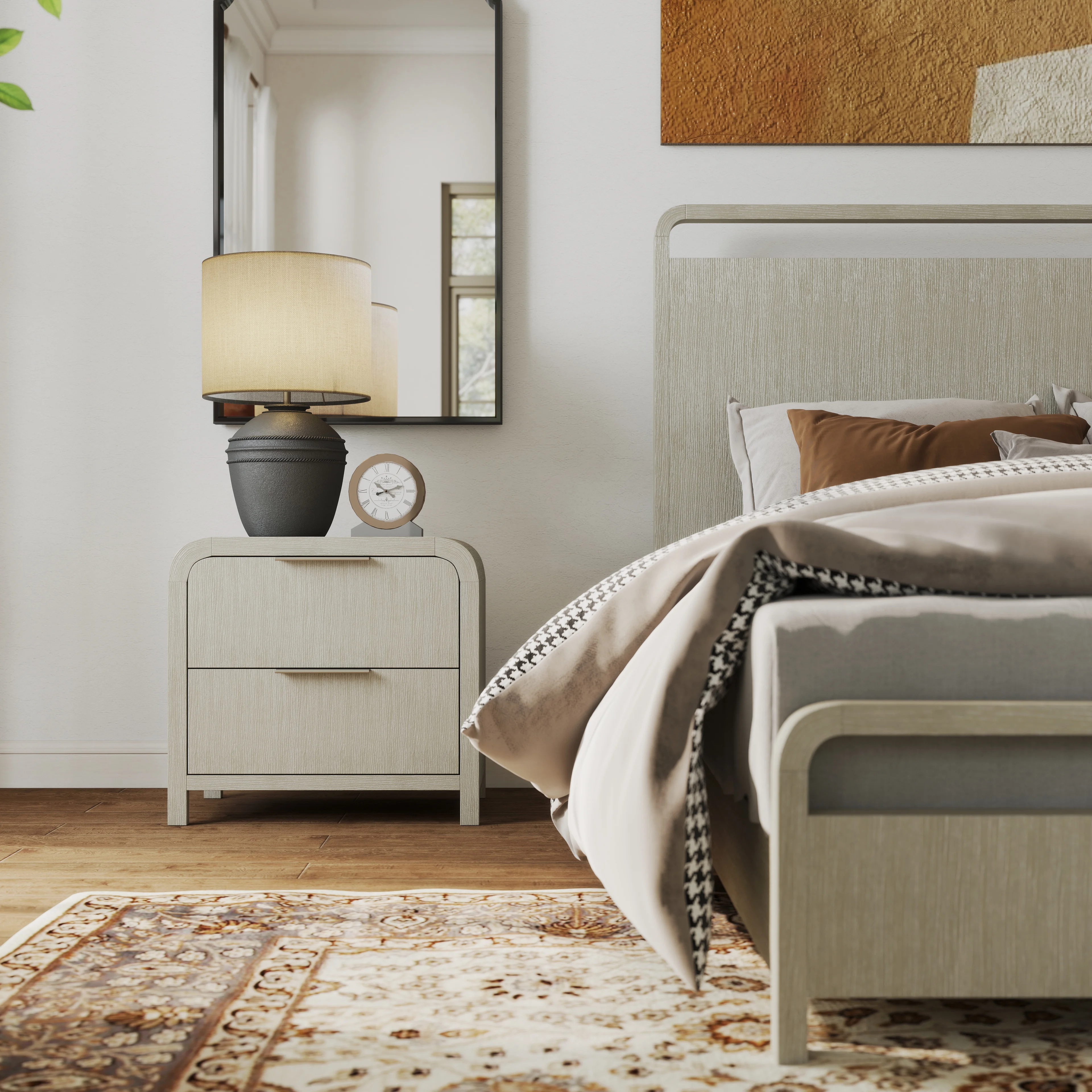Roundhill Furniture Tavari 6-Piece Bedroom Set with Panel Bed, Dresser, Mirror, Two Nightstands, and Chest in Light Gray, King Size