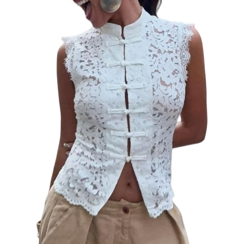 Sheer Lace Tank Top Mock Neck Frog Button Mandarin