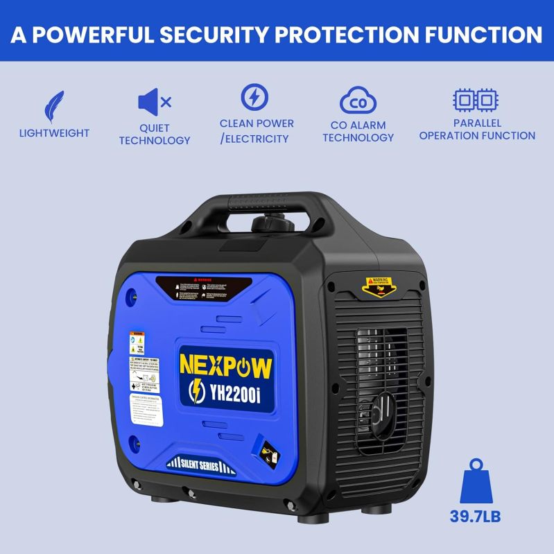 NEXPOW Portable Inverter Generator. 2250W Super Quiet Generator with CO Alarm Ideal.Eco-Mode Feature. Parallel Capability.EPA Compliant.and 5v/3A USB Outlet.Lightweight For Backup Home Us& Camping