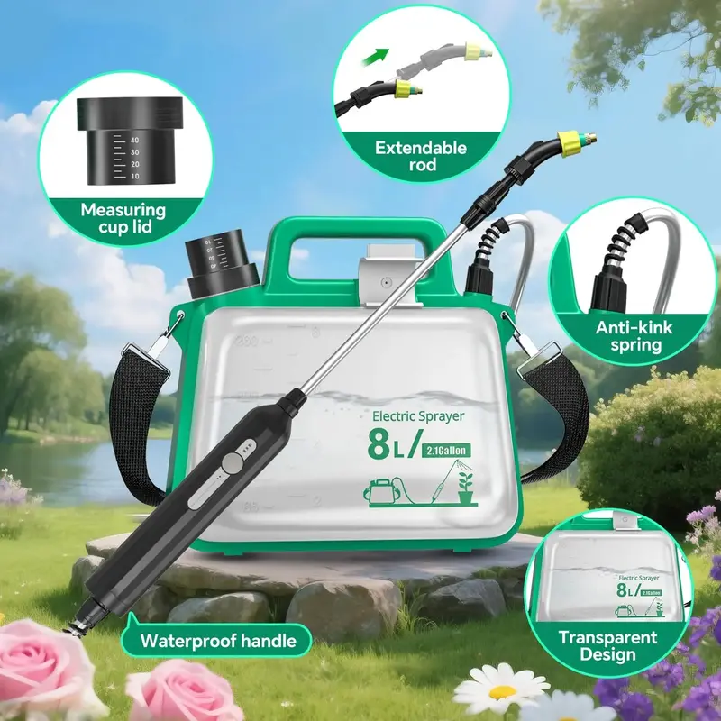 2-Gallon Telescoping-Wand Electric Garden Sprayer – 3 Nozzle Options. 2500mAh Rechargeable Battery