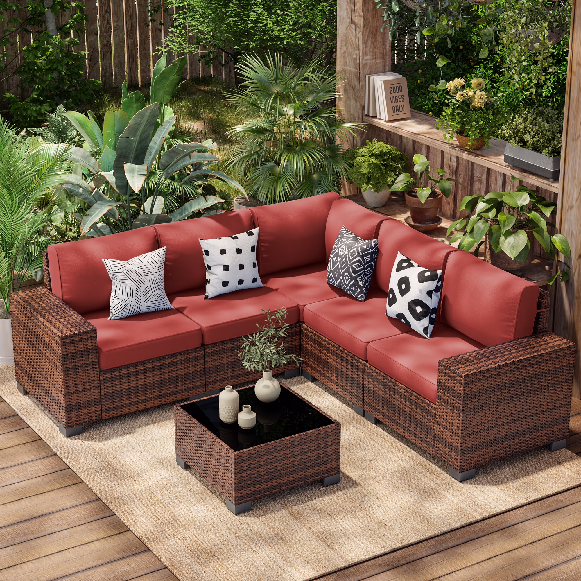 Poteban Patio Furniture Set 6 PCS Outdoor Sectional Conversation Sets Featuring Widen Wicker Armrests and High Back, Black (Waterproof Covers Included)