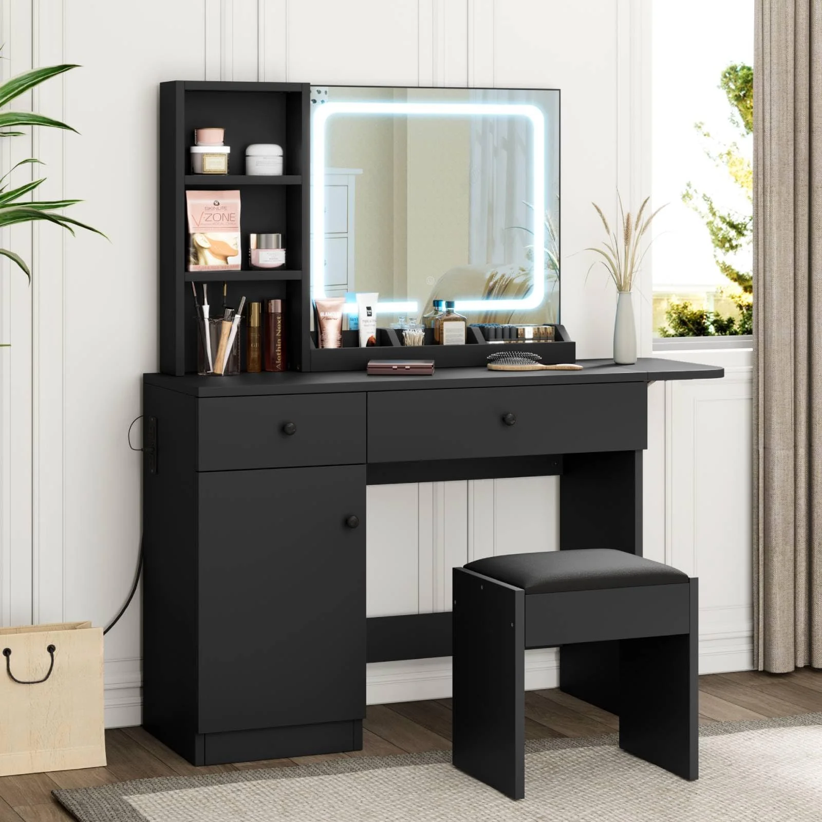 DSstyles Brown/Black/White Vanity Desk with LED Lighted Mirror & Power Outlet, Makeup Vanity with Drawers & Cabinet & Chair, Vanity Table Set for Bedroom