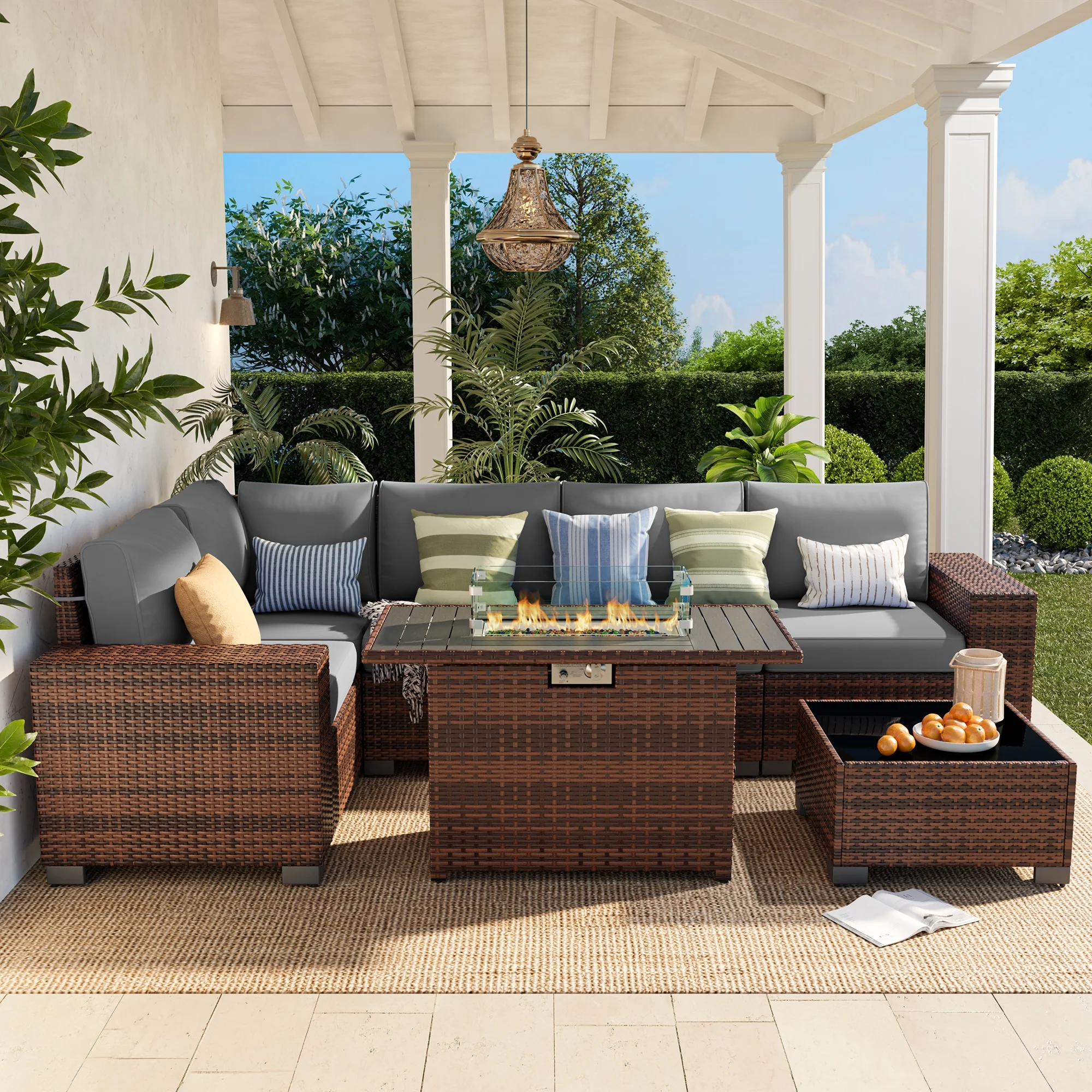 Poteban Patio Furniture Set 6 PCS Outdoor Sectional Conversation Sets Featuring Widen Wicker Armrests and High Back, Black (Waterproof Covers Included)
