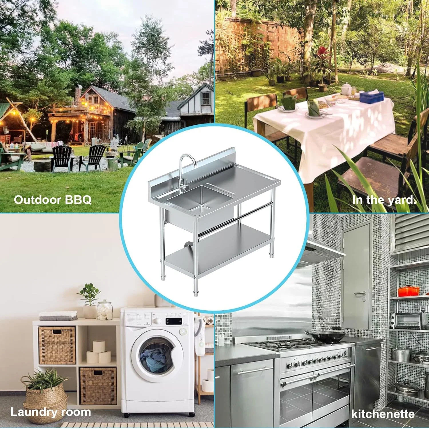 Stainless Steel Utility Sink with Cold and Hot Water Pipes, Free Standing Single Bowl Commercial Kitchen Sink with Workbench,Storage Shelf& Faucet ,For   Kitchen,Bathroom,Farmhouse,Indoor,Outdoor