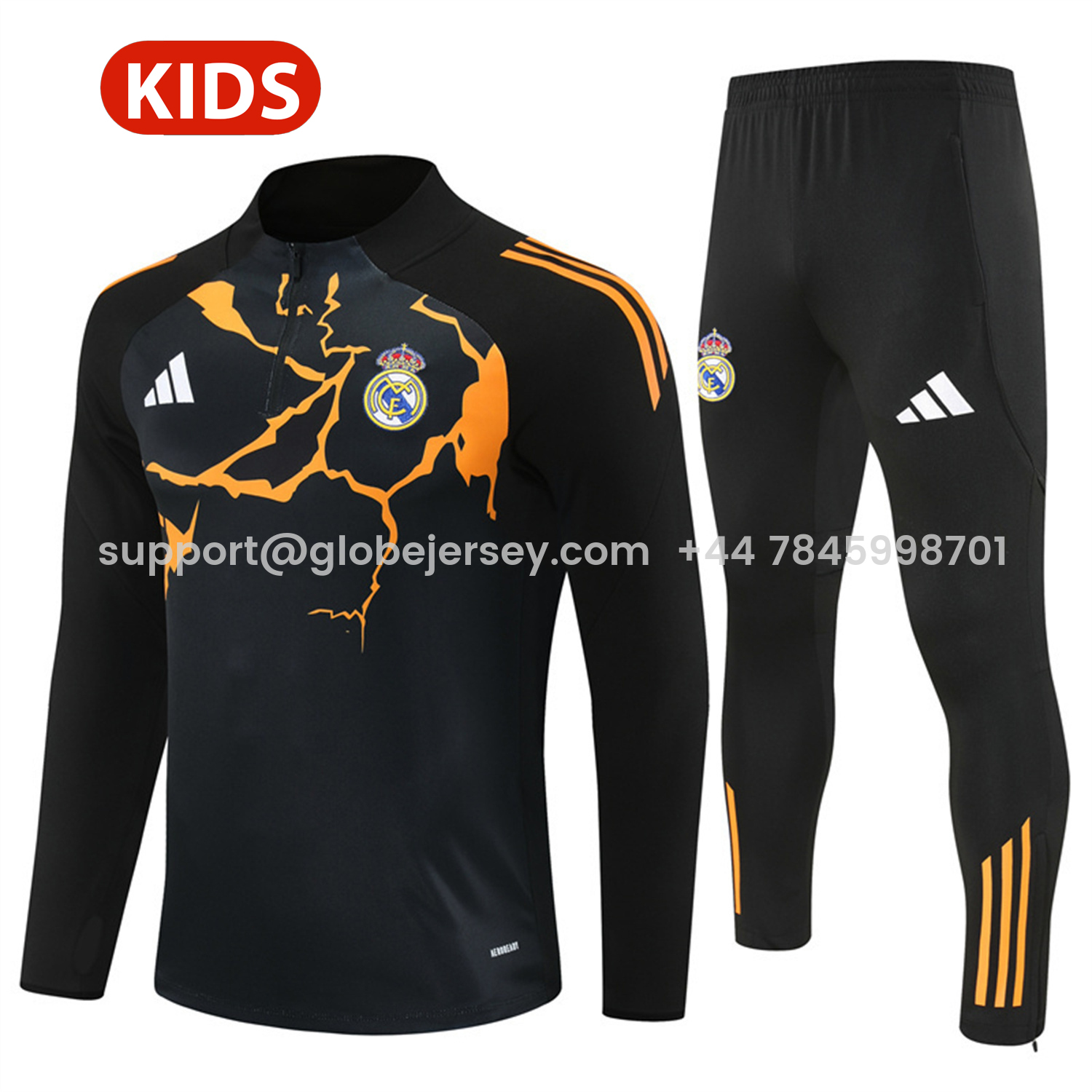 Real Madrid 25-26 Kids Long Sleeve Training Set - Player Version - Yellow Pattern Black Top and Black Pants