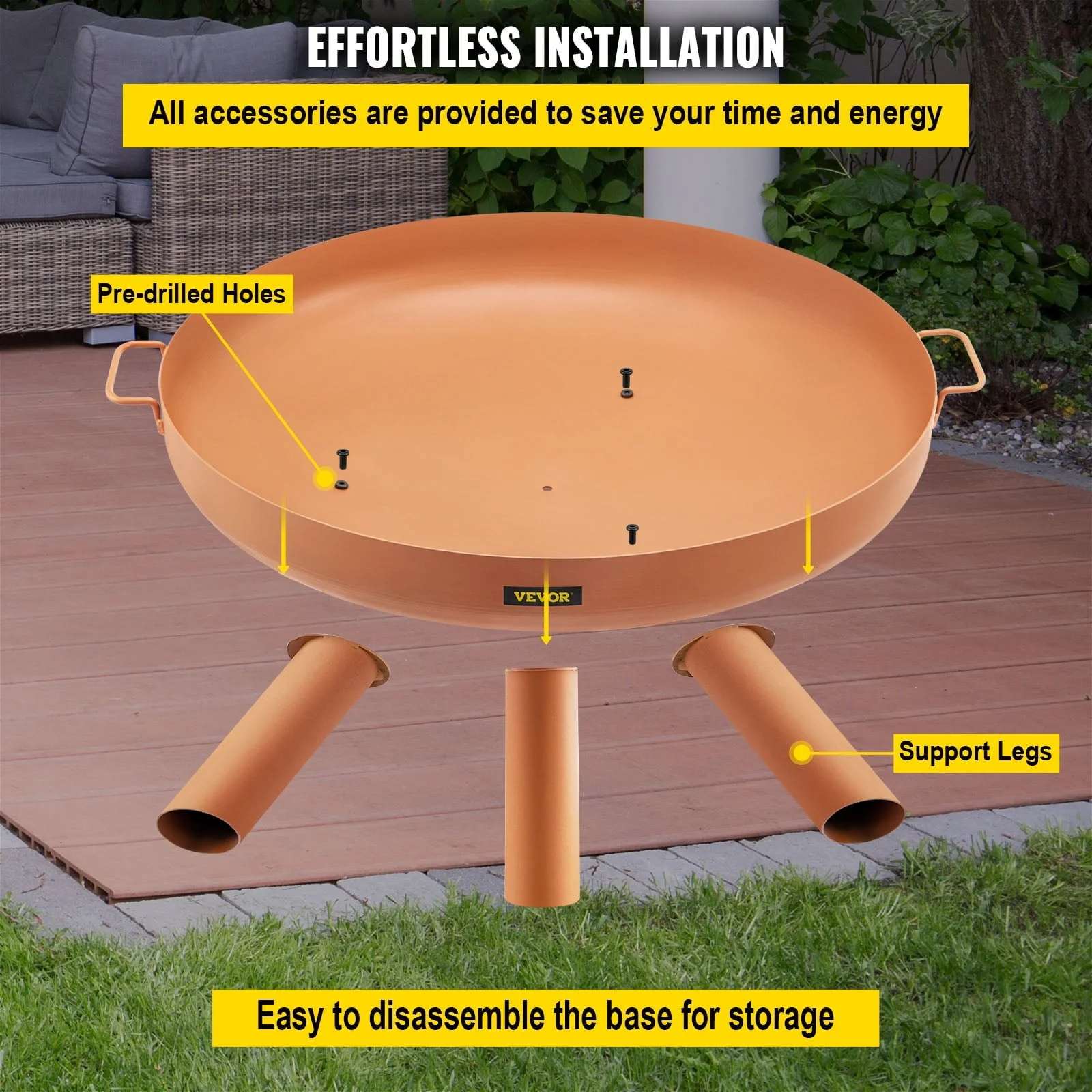 VEVOR Fire Pit Bowl, 30-inch Deep Round Carbon Steel Fire Bowl, Wood Burning for Outdoor Patios, Backyards & Camping Uses, with A Drain Hole, Portable Handles and A Firewood Stick, Brown