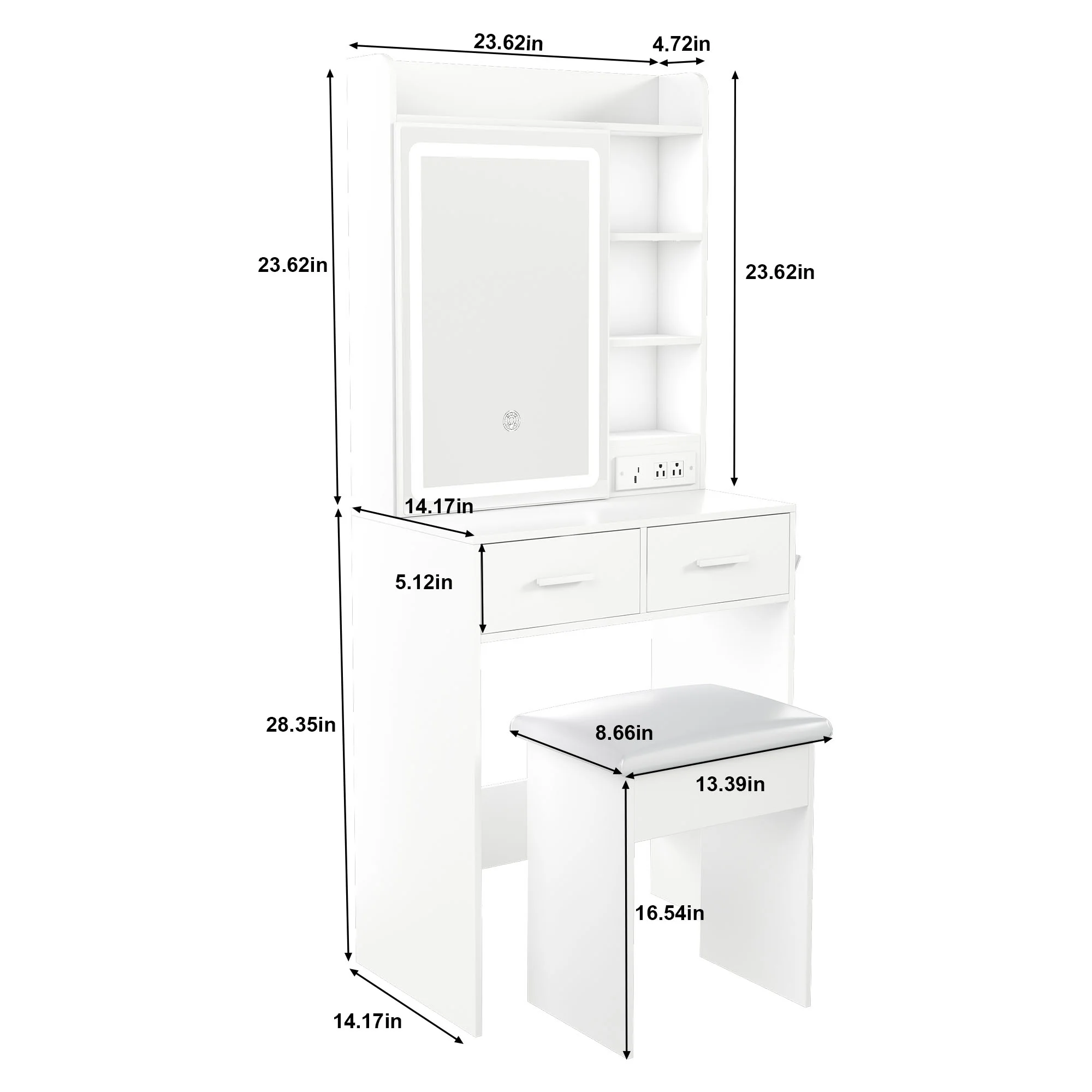 Small White Makeup Vanity Desk with Mirror and Adjustable LED Lights, Built-in Power Outlet and Hidden Storage