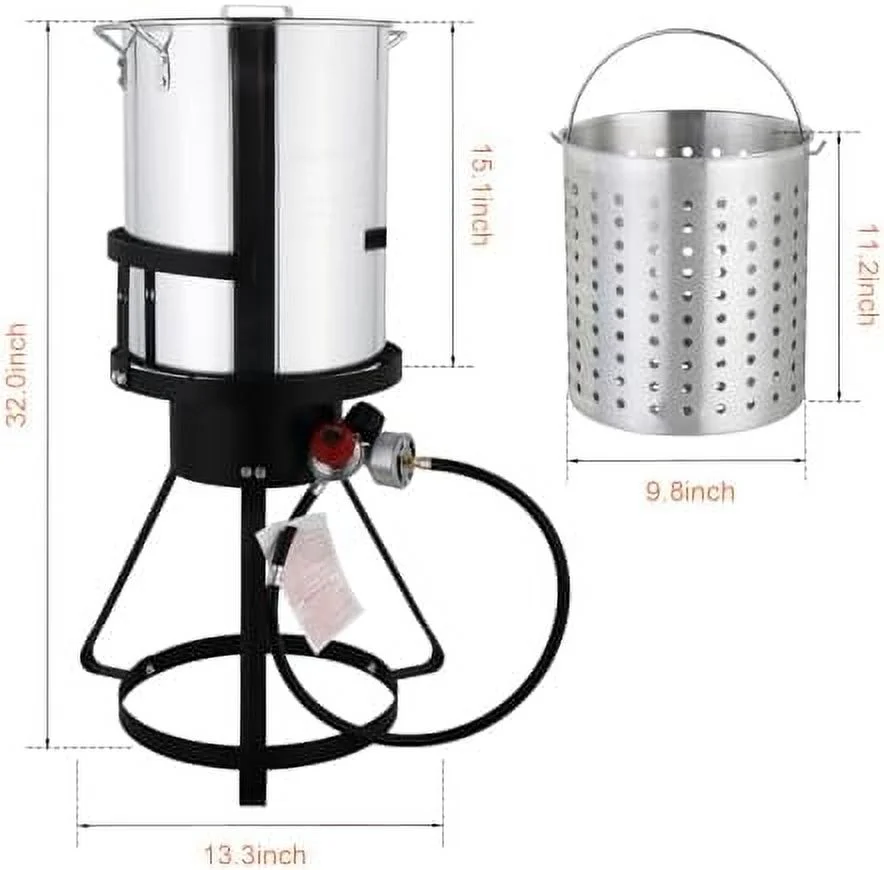 30QT Turkey Fryer with Basket and Propane Gas Burner Set, Seafood Boil Pot, Crawfish Boiler, Aluminum Turkey Deep Fryer with Basket and Burner for Outdoor Cooking, For Boiling and Frying
