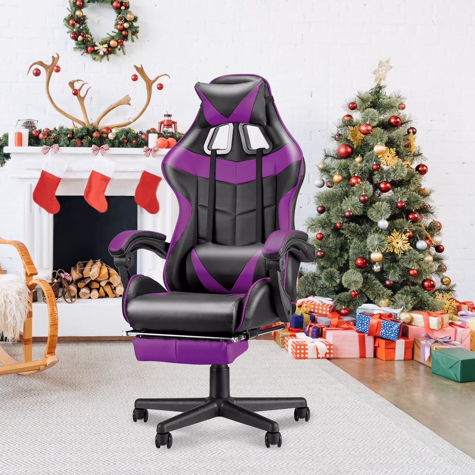 SOONTRANS Green Gaming Chair with Footrest, High Back Gamer Chair with Massage Lumbar Pillow, Gamer Computer Desk Chair (Green)