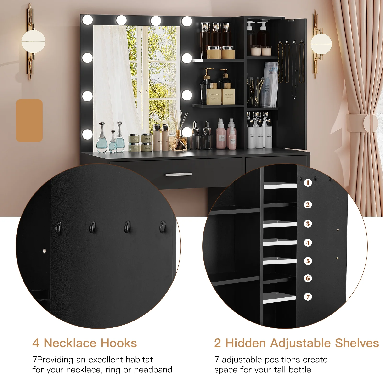 USIKEY LED Lights Mirror Vanity Desk Drawers Shelves Table Set Black