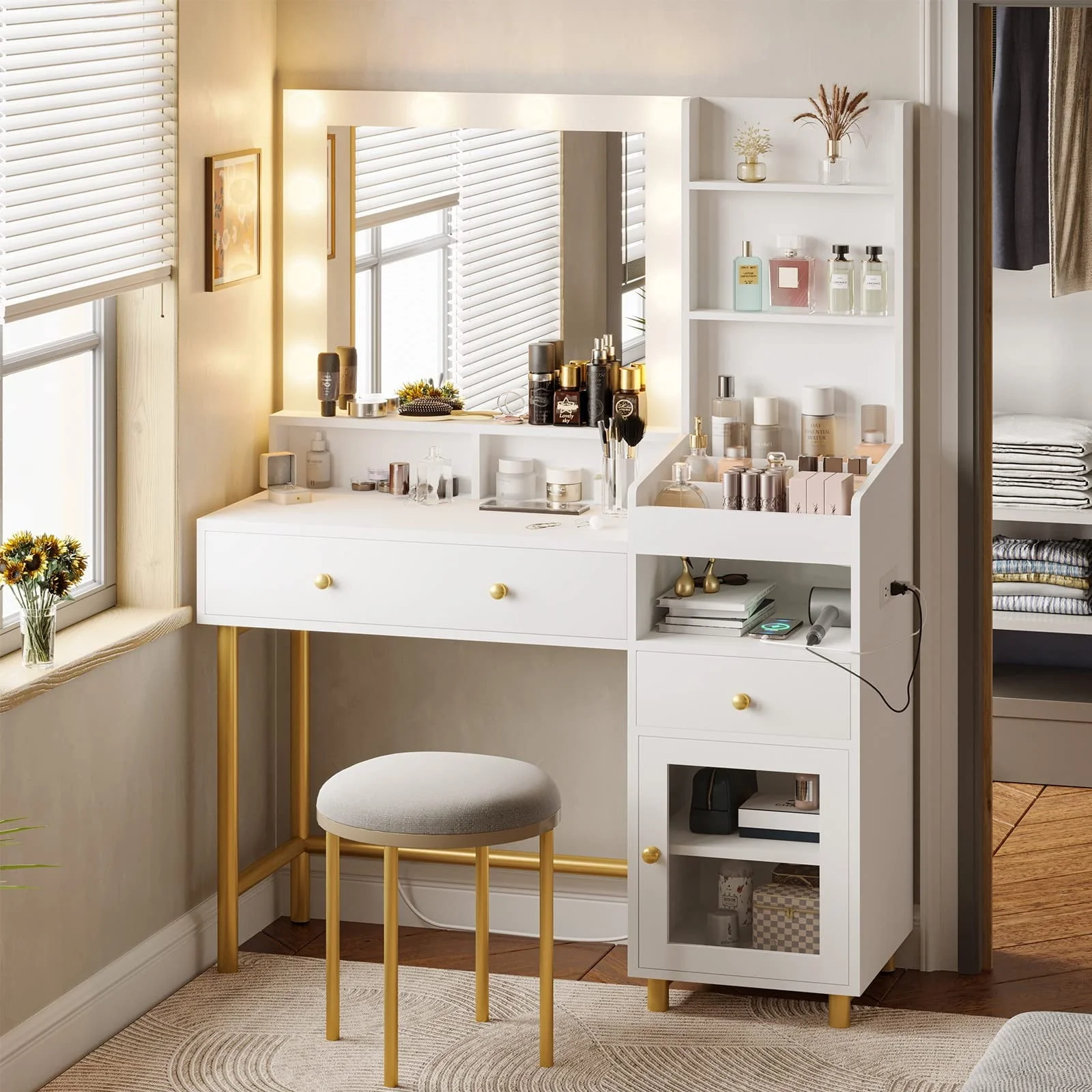 Vanity Desk with Mirror and Lights in 3 Colors,Vanity Makeup Desk with Lights and Drawers,White Vanity Table with Charging Station,Unique Separation Design