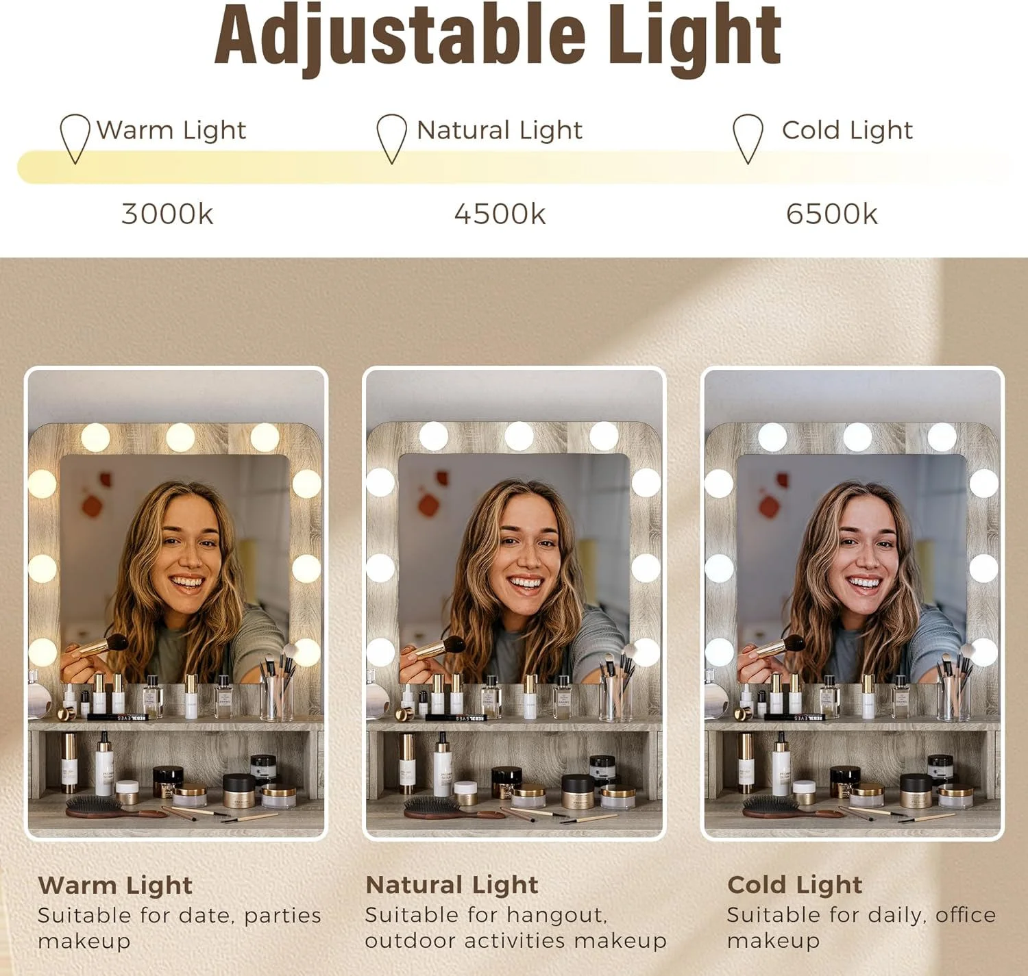 Heynemo Makeup Vanity with 3 Color Dimmable Lighted Hollywood Mirror, Vanity Table with 4 Drawers for Women Girls, Dressing Desk for Bedroom, Beauty Room, Brown