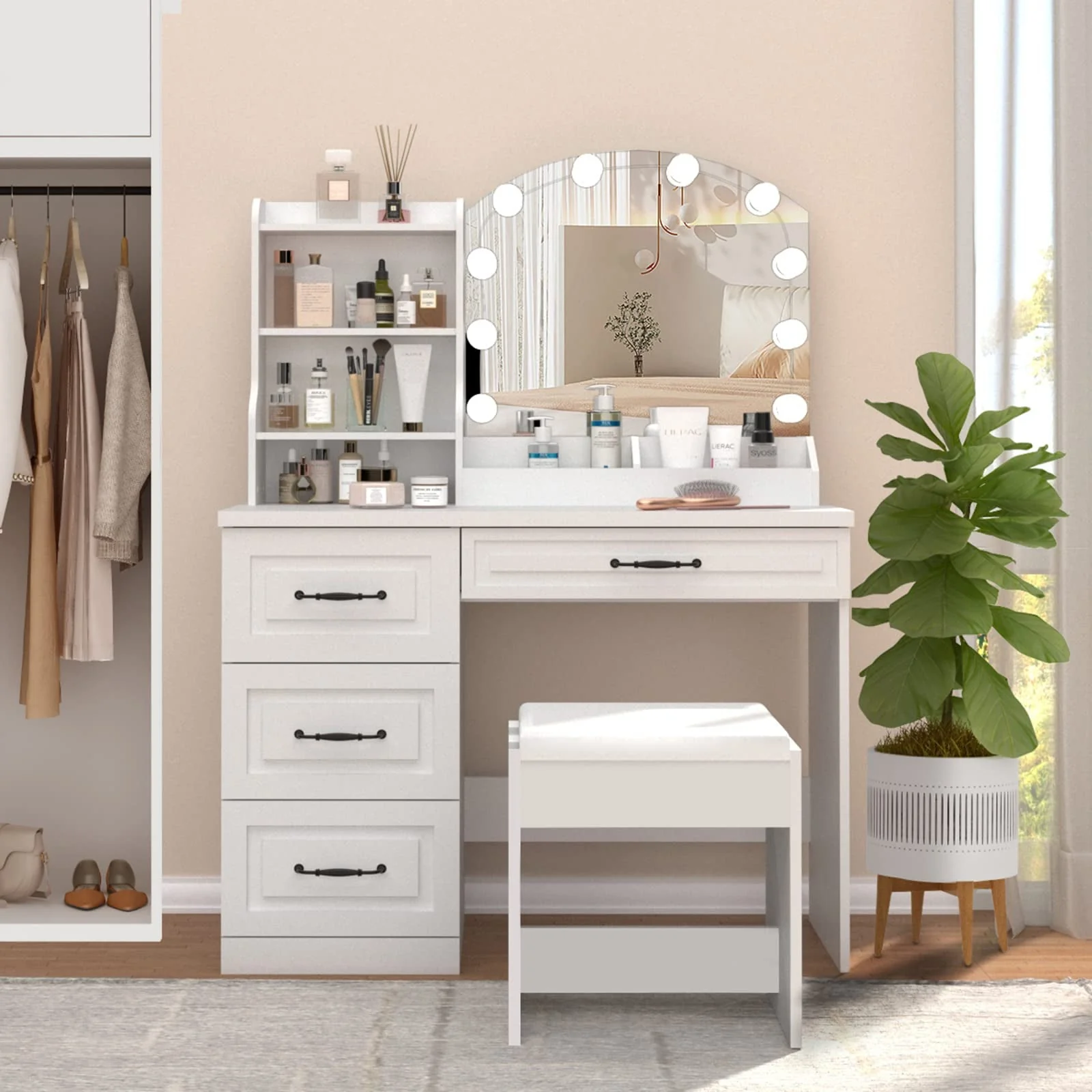 Veanerwood Makeup Vanity Desk with Lights and 4 Drawers, Modern Vanity Table Set, 3 Lighting Colors, 39.4in, White Finish