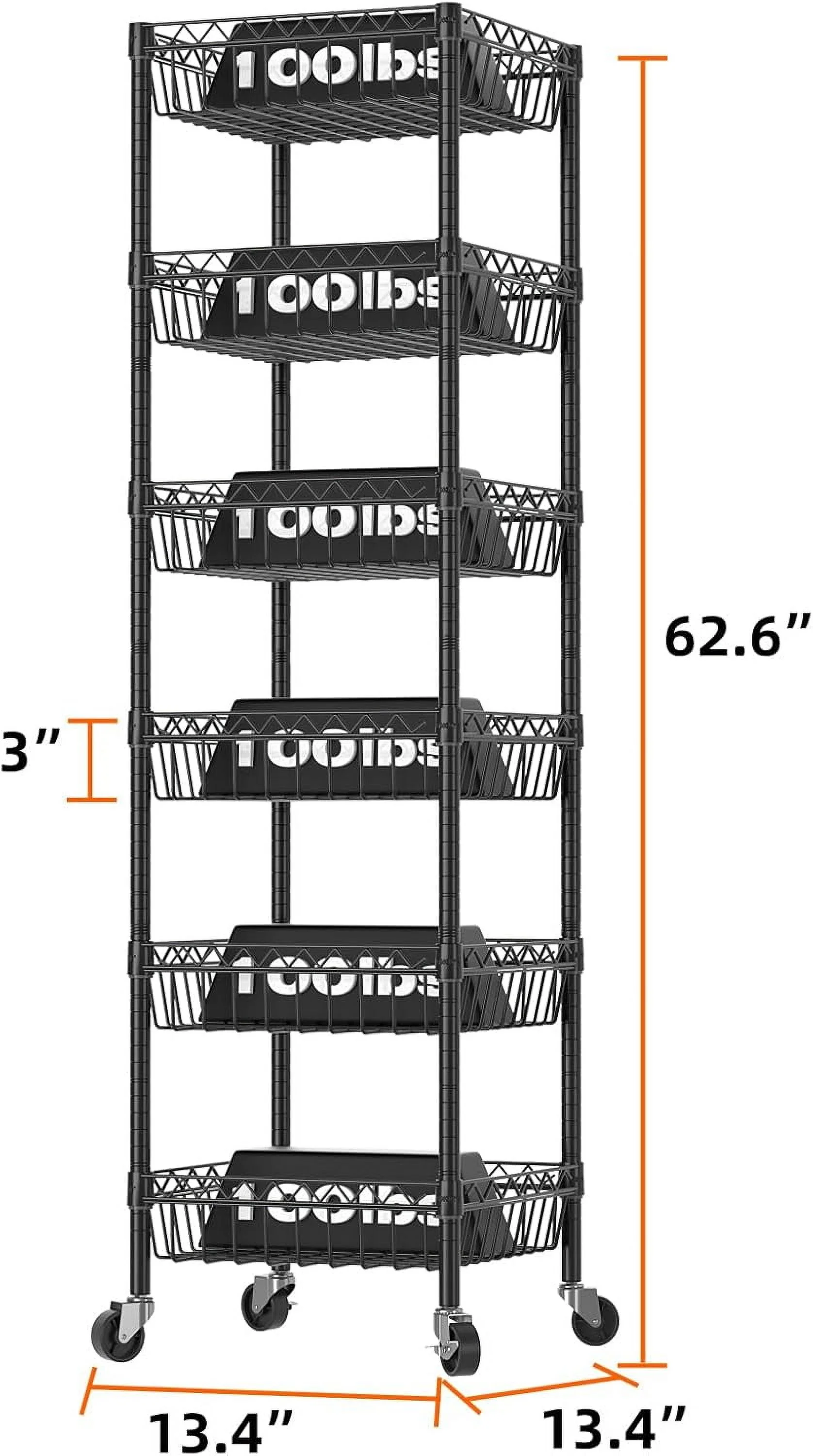 6 Tier Wire Shelving Unit with Wheels Baskets Storage Rack Corner Shelves Adjustable Shelf Closet Bathroom Organizers Metal Pantry Kitchen Garage Laundry Room 13.5