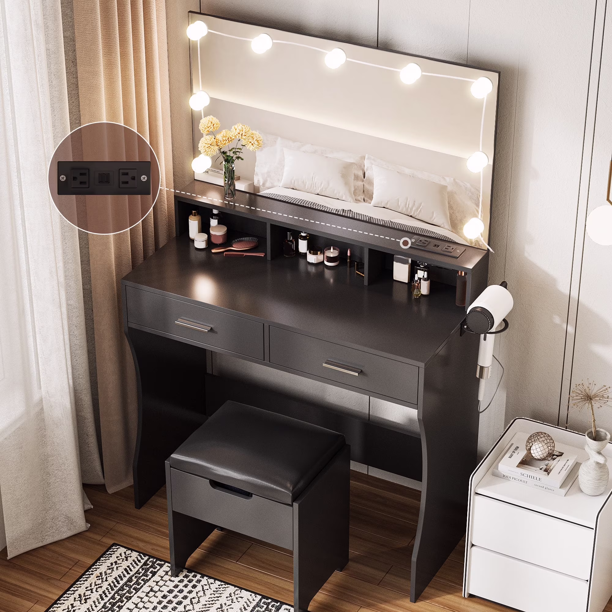 Modern Vanity Table Set with Lighted Mirror,Makeup Table with 2 Drawers & Power Strip,Dresser Desk for Girls, Women, White
