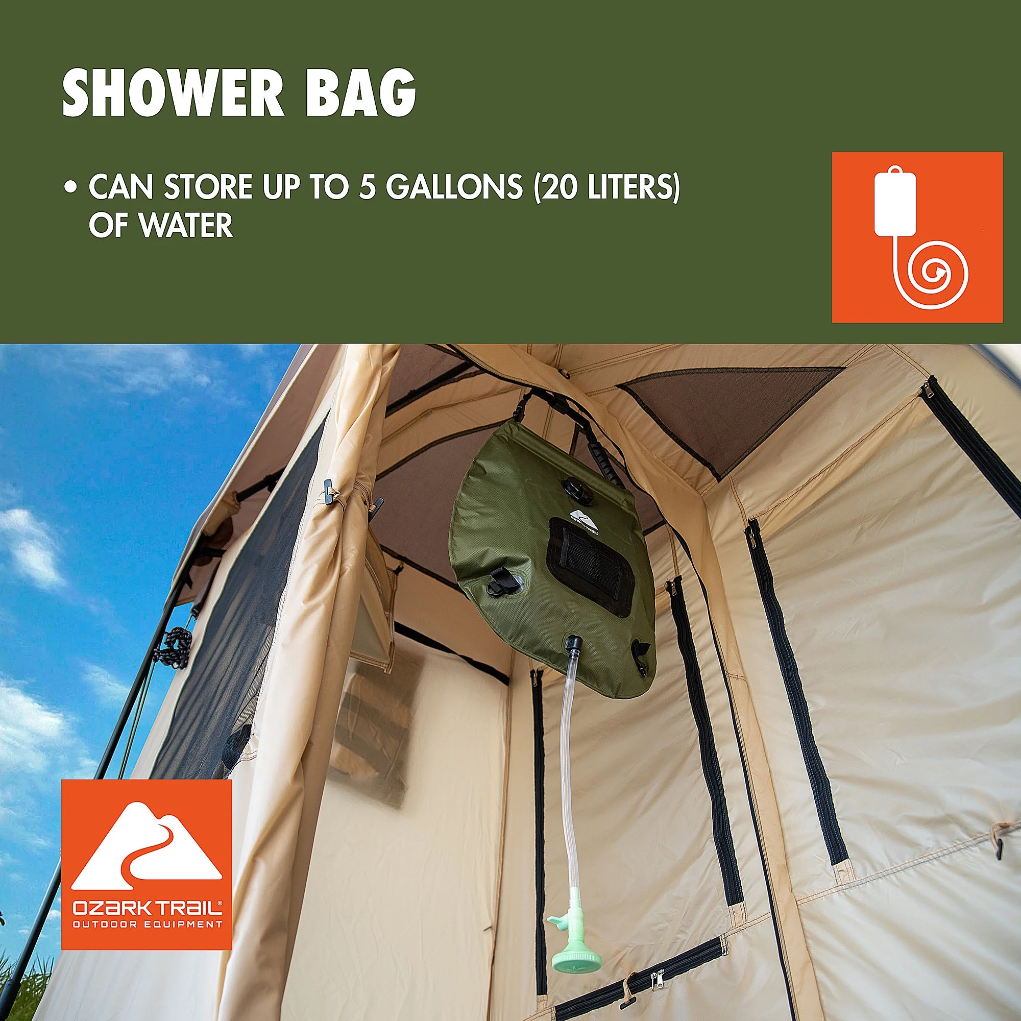 Ozark Trail 2-Room Shower & Utility Tent Combo Includes 5-Gallon Water Container, Easy Setup, Maximum Occupancy Is 2. Khaki Colour.