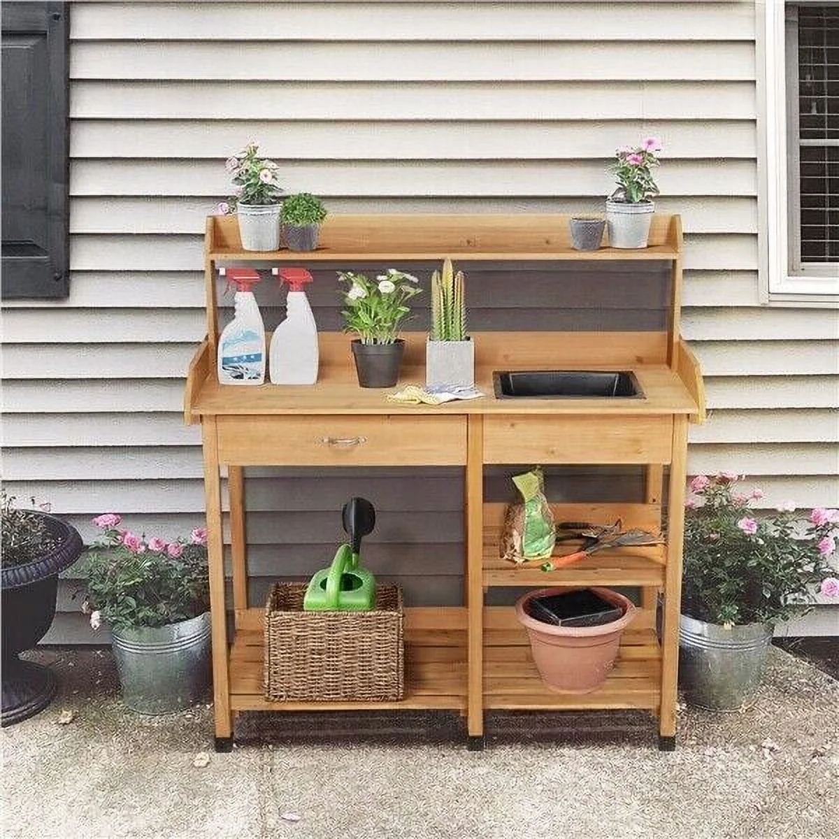 XYTREW Garden Potting Bench Table �C Outdoor Wooden Workstation for Gardening with Storage Shelves, Natural Fir Wood Planting Work Desk