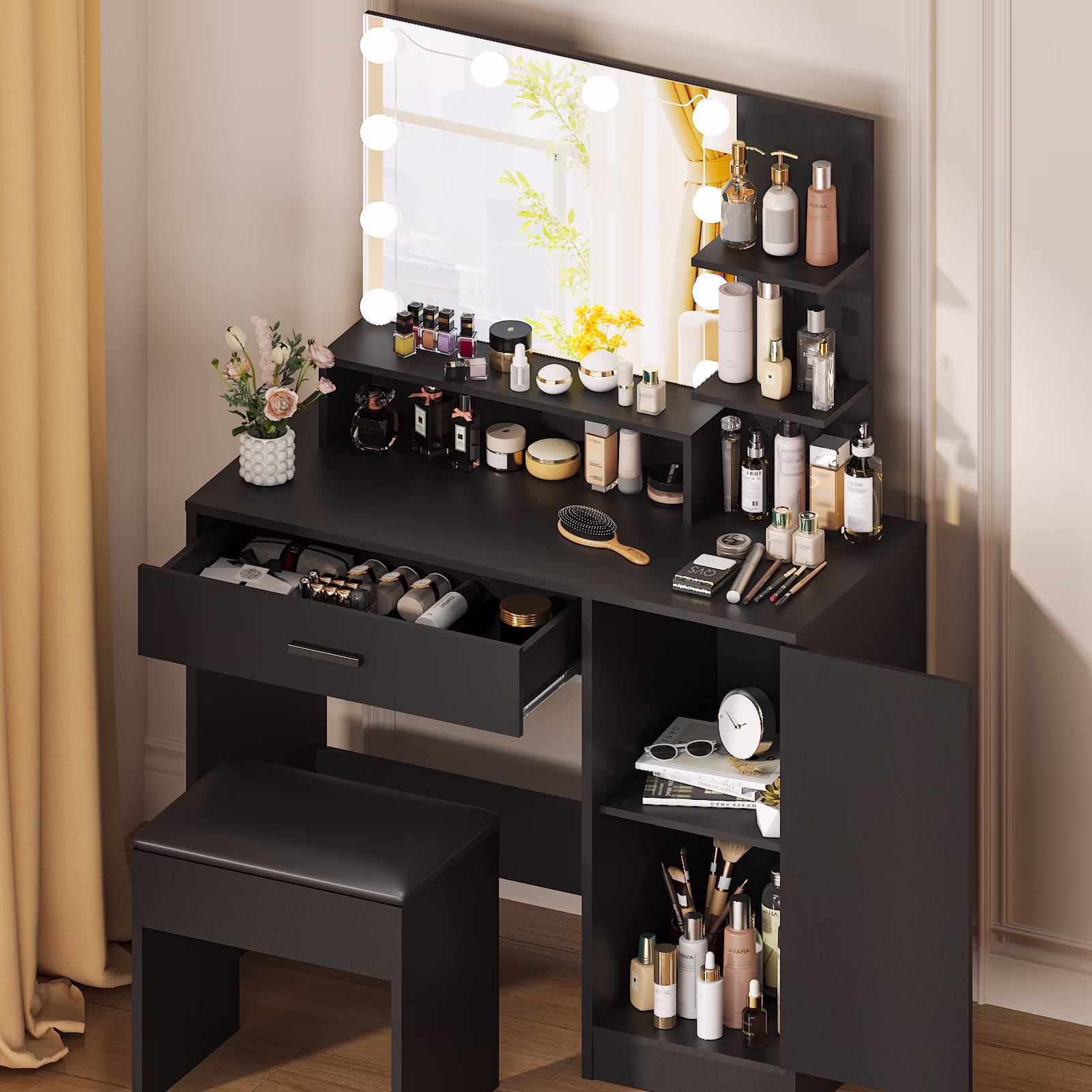 Ktaxon Vanity Set with 3 Color Lighted Mirror, Makeup Table with 3 Storage Shelves & Drawers, Dressing Table Makeup Desk with Stool,White