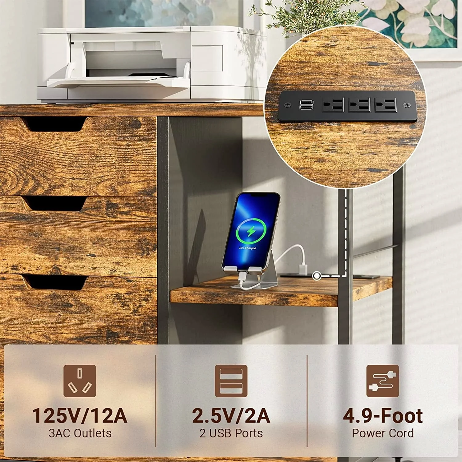 YaFiti File Cabinet, Wooden Rolling File Cabinet with Socket USB Charging Port, Lateral Filing Cabinet Organizer for Home Office , Rustic Brown