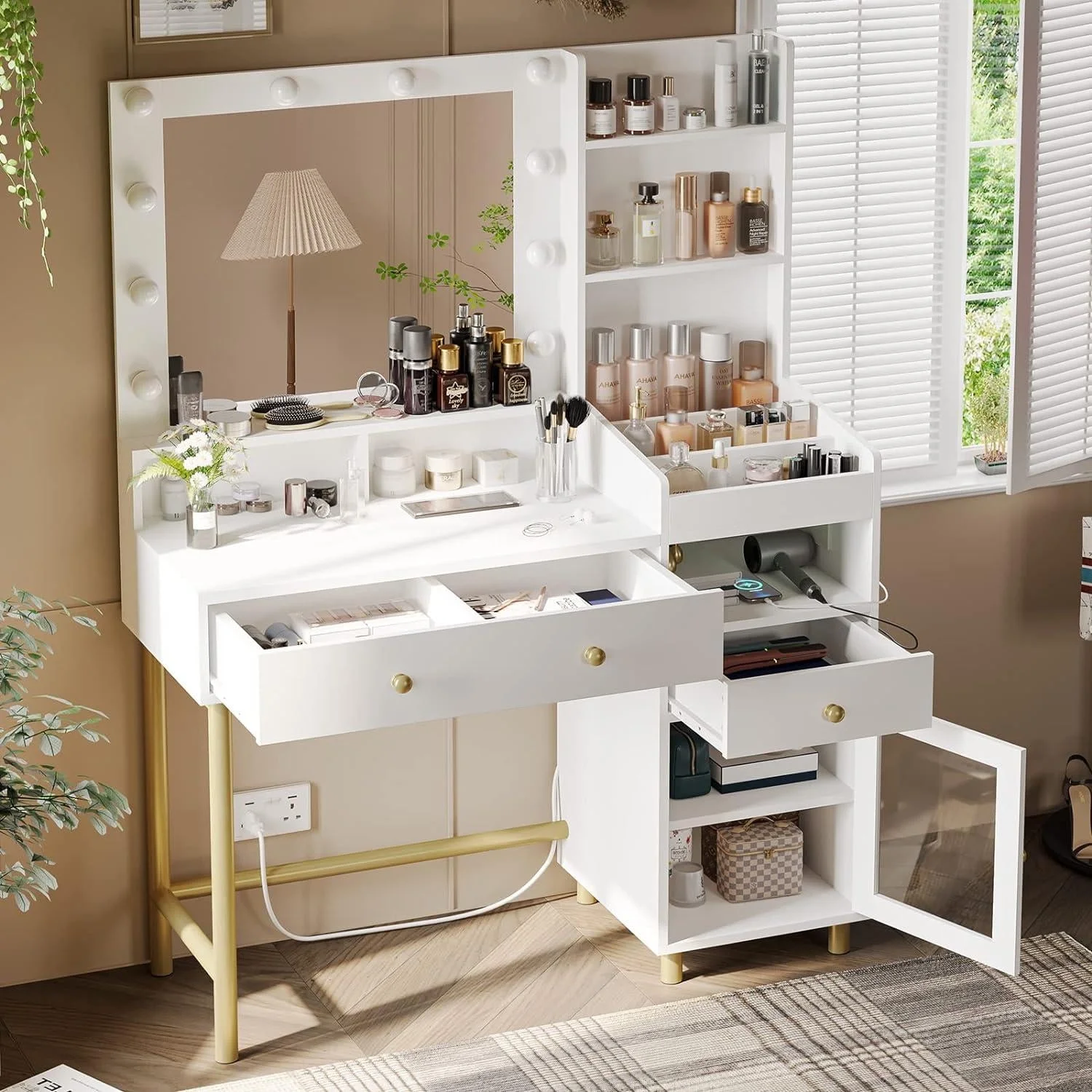 AOGLLATI Makeup Vanity Desk with Mirror & Lights in 3 Colors White Dressing Table with Charging Station & Unique Separation Design