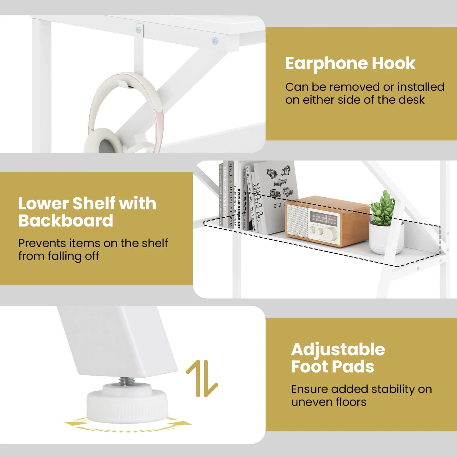 Costway Home Office Desk with Monitor Stand, Open Shelf & Metal Frame, Earphone Hook White