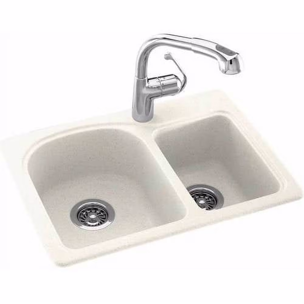 Dual Mount Composite 25x18x7.5 1-Hole Double Bowl Kitchen Sink in White