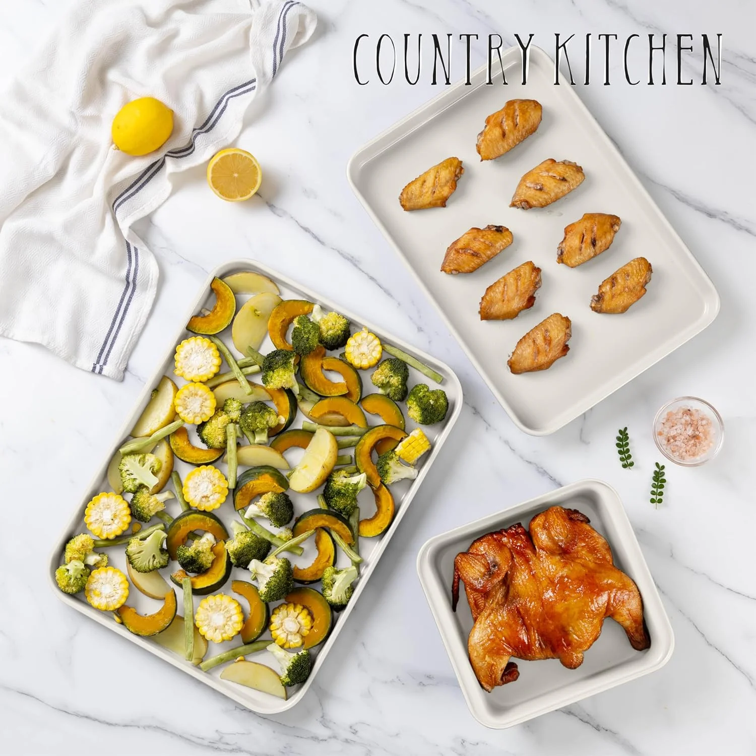 Country Kitchen 13-Piece Nonstick Cookware and Bakeware Set - Pots and Pans Collection with Stackable Design, Cream
