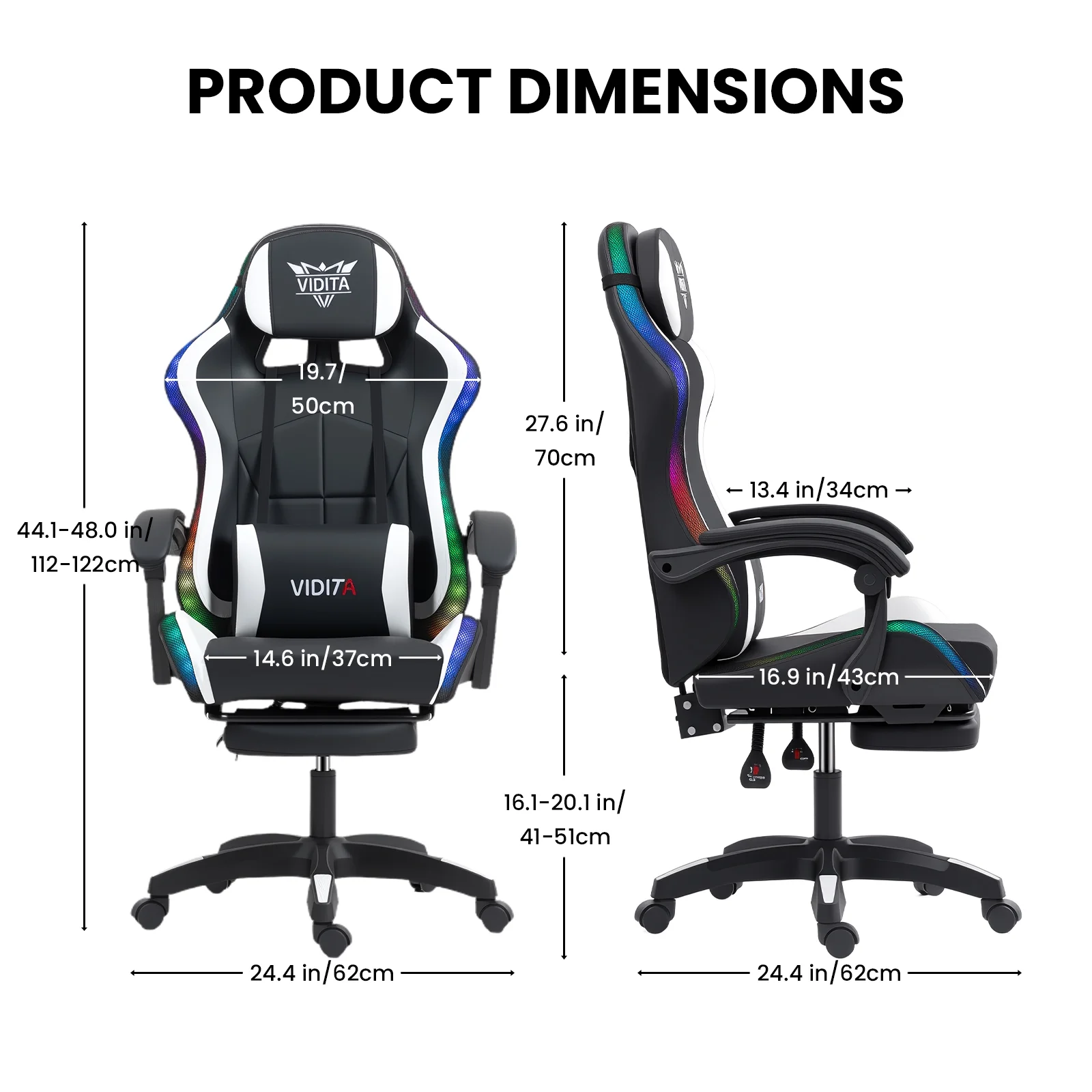 Alvantor RGB Gaming Chair with LED Lights, Massage Lumbar Support, Footrest,  Black