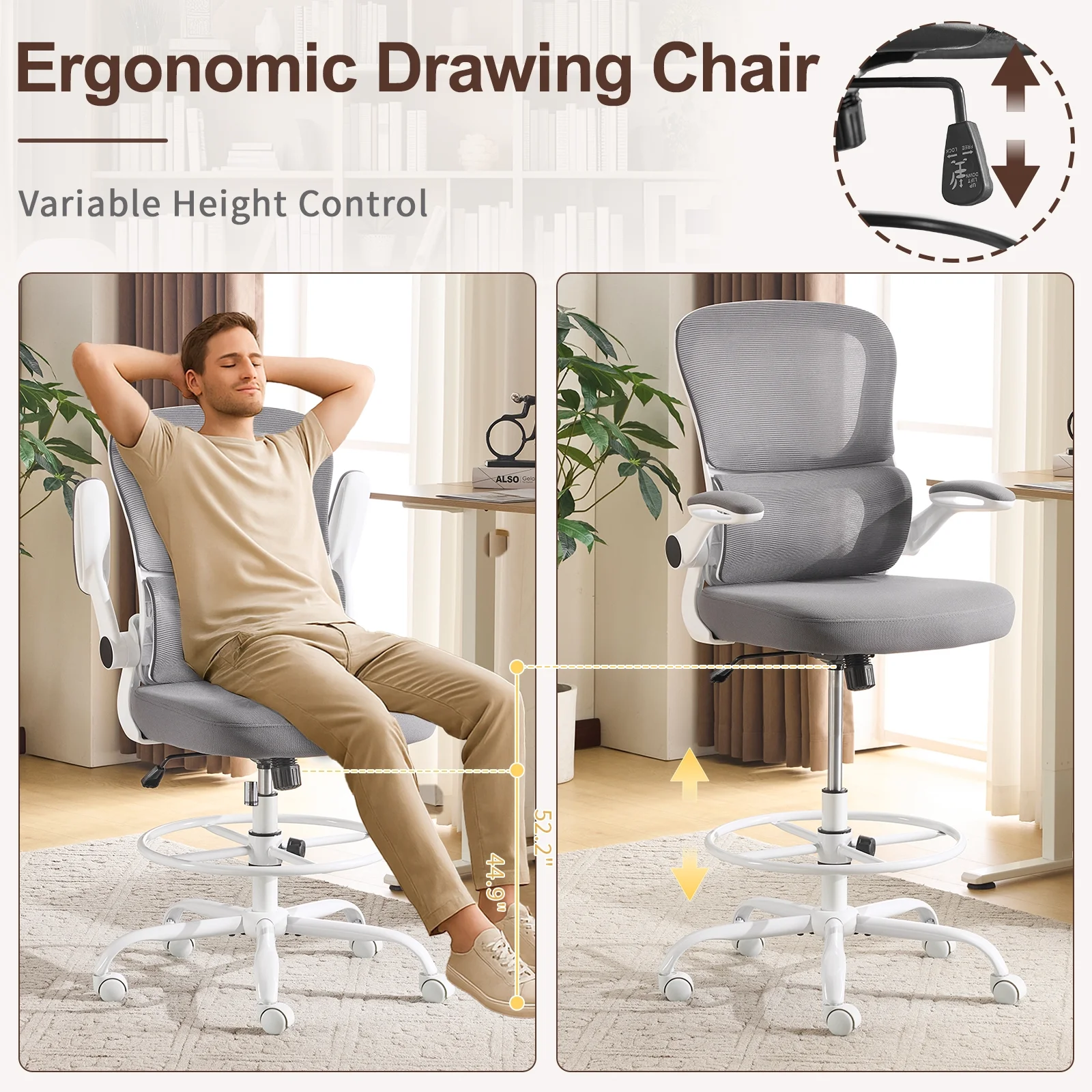 Ktaxon Drafting Tall Office Chair with Flip-up Armrests, Adjustable Rolling Chair with Lumbar Support and Footrest, Breathable Mesh, Gray