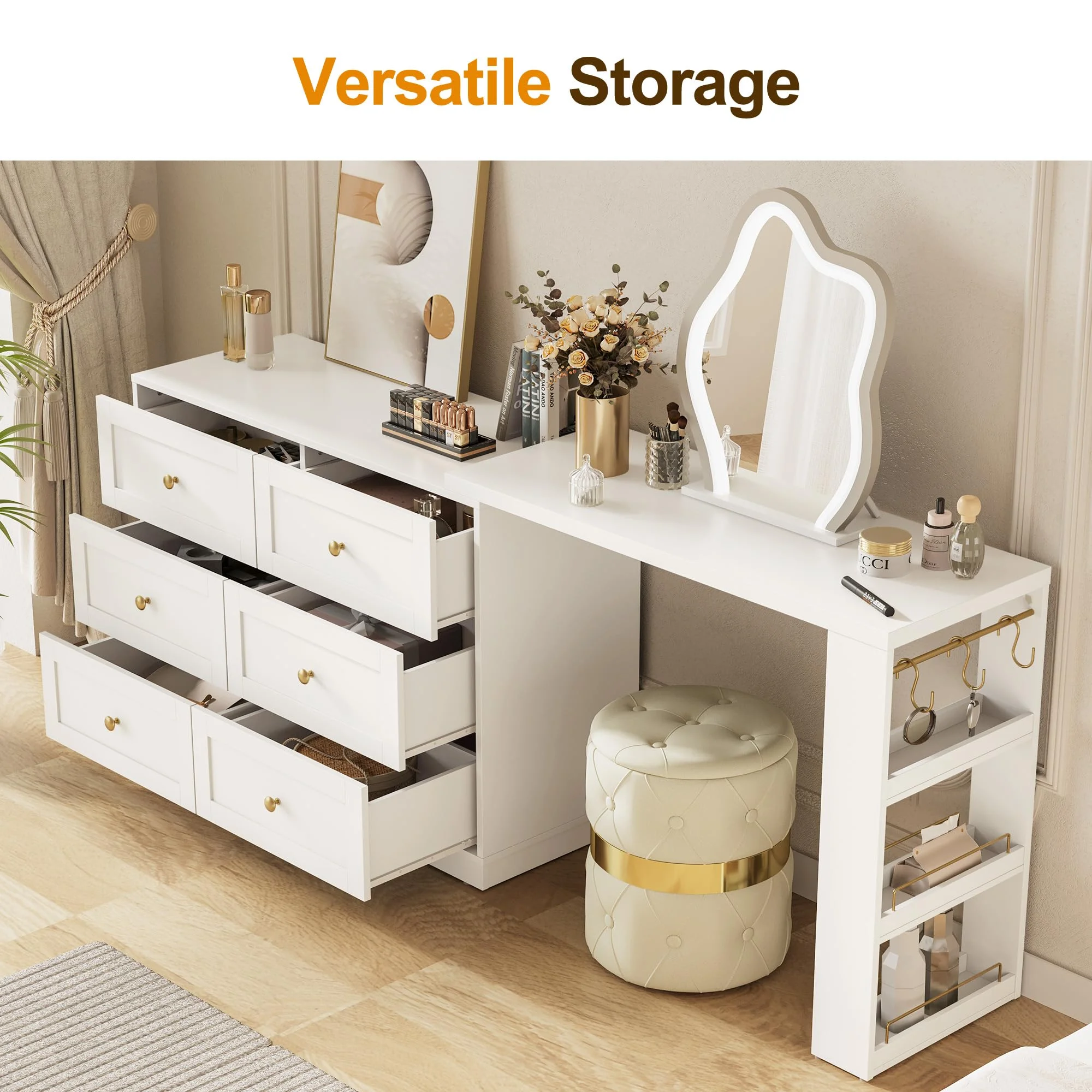Heynemo Makeup Vanity with 3 Color Dimmable Lighted Hollywood Mirror, Vanity Table with 4 Drawers for Women Girls, Dressing Desk for Bedroom, Beauty Room, Brown