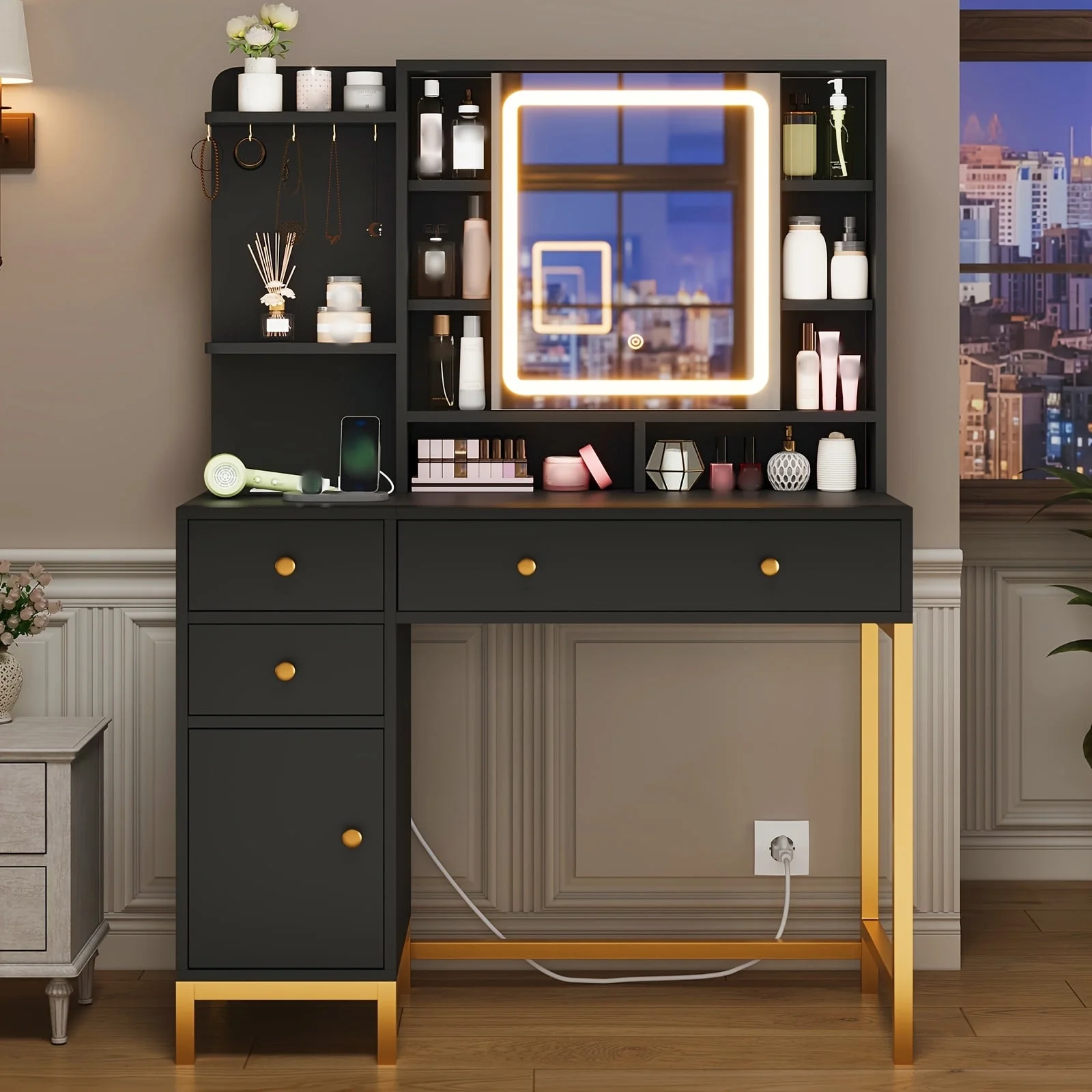 AOGLLATI Makeup Vanity with Lights in 3 Colors, White Vanity Desk with Mirror and Lights, Vanity Table with Charging Station, Makeup Desk with Visible Drawers, Hidden and Open Storage Shelves