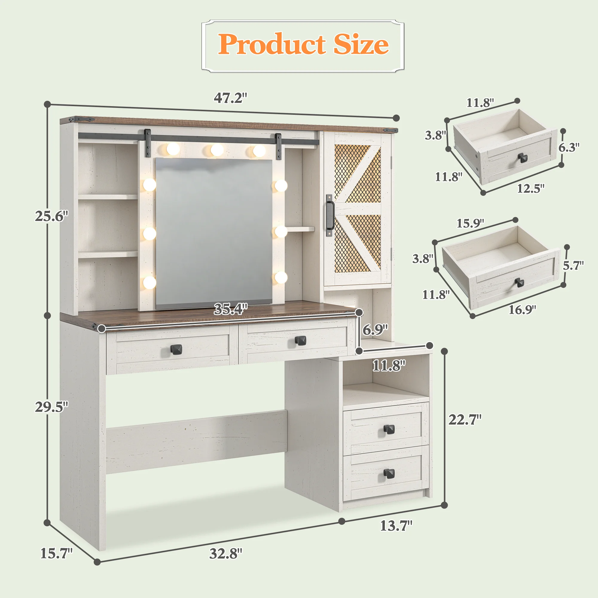 EnHomee Makeup Vanity Desk with Lighted Mirror Large Vanity with 4 Drawers Farmhouse Vanity Set with Mirror and Lights,White