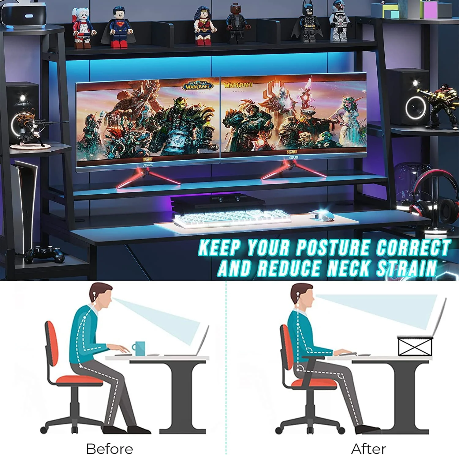 78.8inch Gaming Desk with LED Lights, Hutch and Storage Shelves, Ergonomic Computer Desk with Monitor Stand, Black