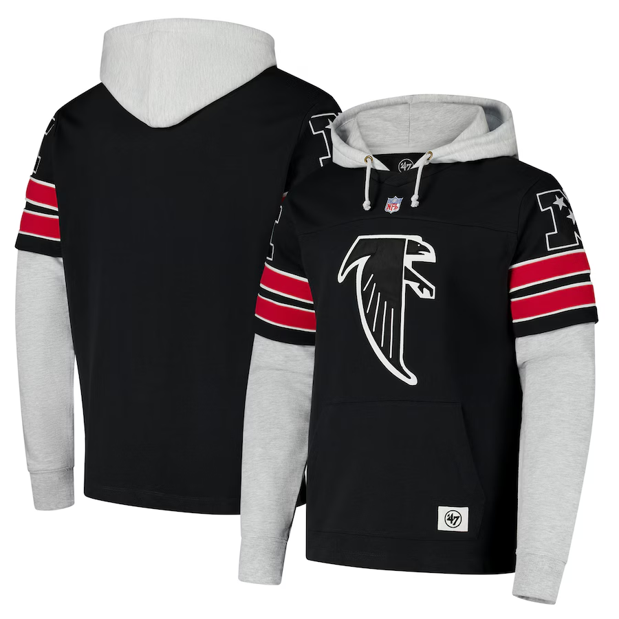 Men's '47 Black Atlanta Falcons Double Header Blitz Cornerback Pullover Hoodie