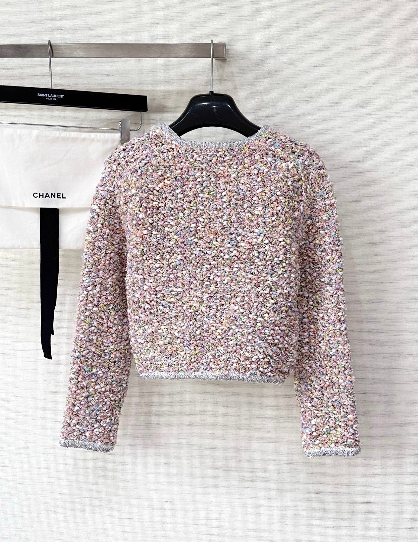 Custom-dyed yarn and diamond-trimmed woven cardigan