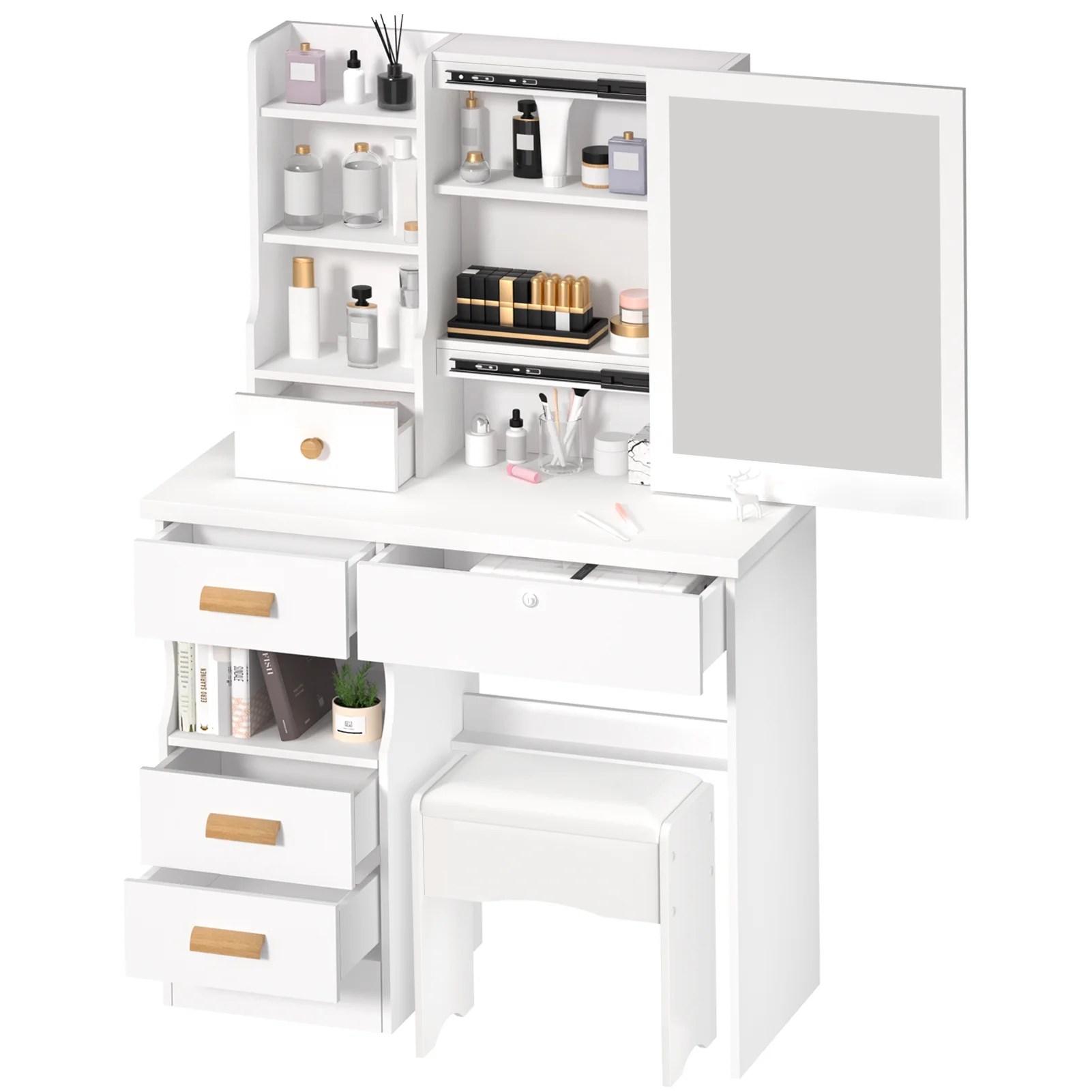 AQMD Vanity Desk with Sliding Mirror, Bedroom Dressing Table, Makeup Table with 5 Drawers & Shelves, Hidden Storage Space