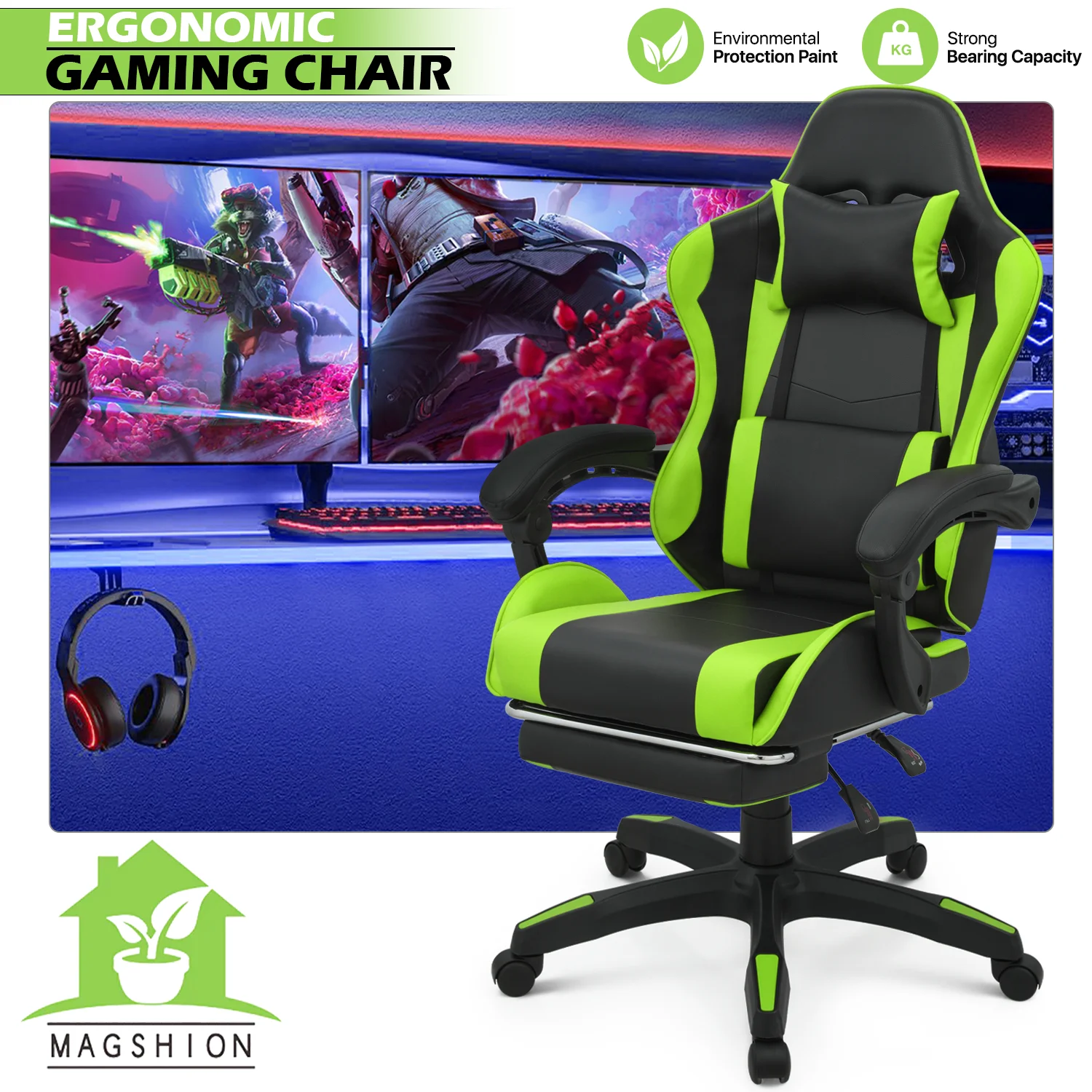 Magshion Adjustable Gaming Chair, Ergonomic PC Computer Seat with Headrest and Lumbar Support for Adults Teens Desk Chair, Black