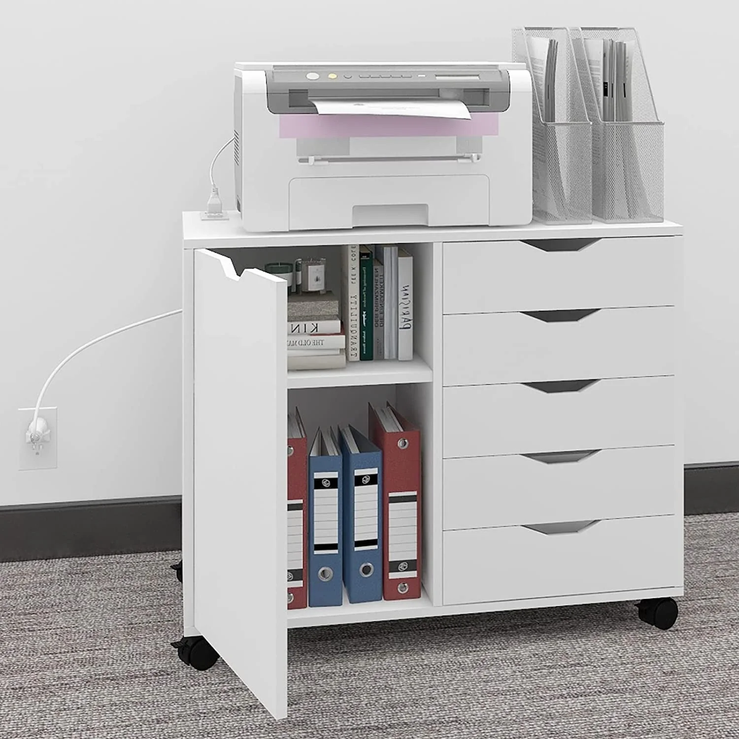 Natwind 5-Drawer Mobilable Wood Printer Stand with Charging Station，Cart File Storage Cabinets with Socket and Door Home Office Lateral Filing Cabinet(white)