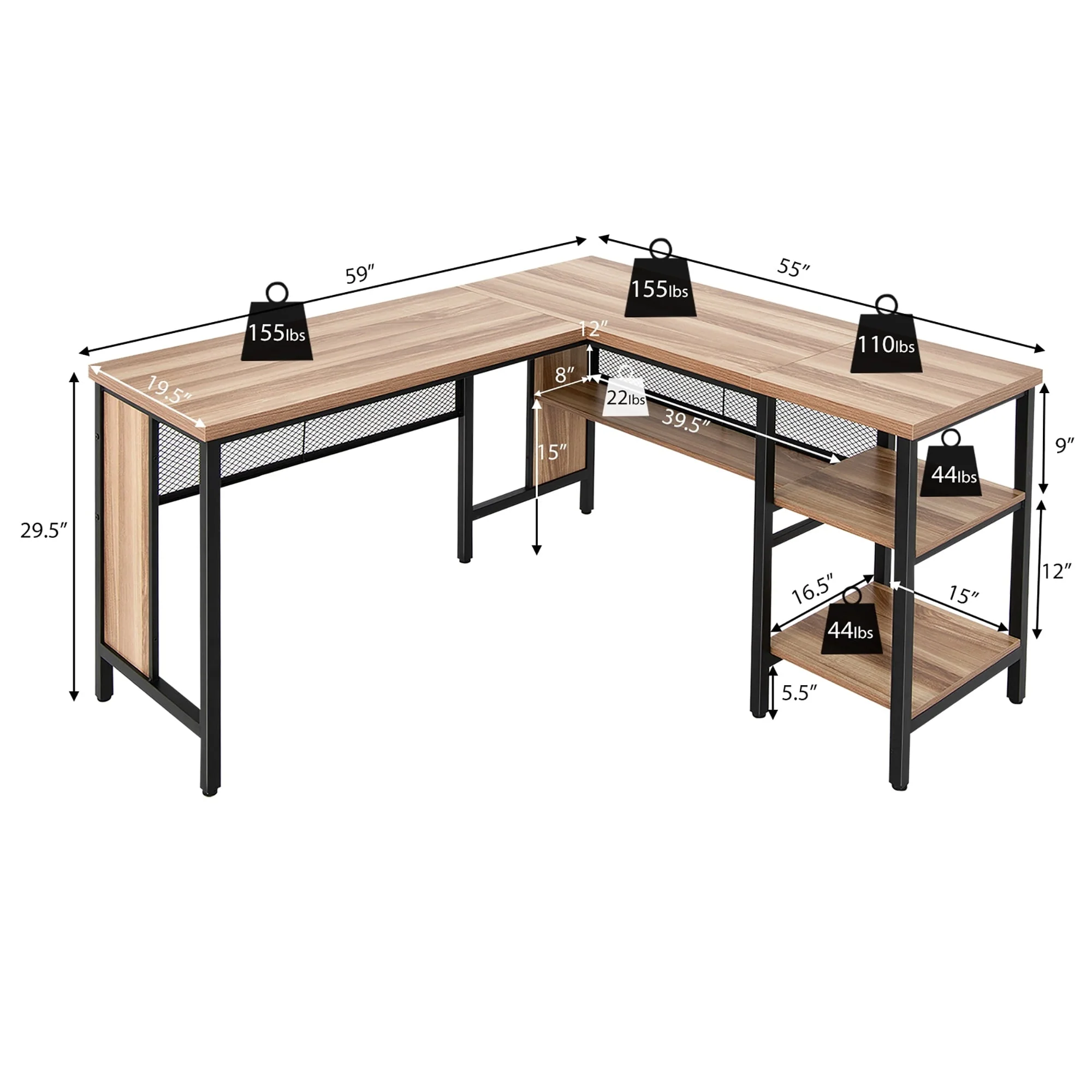 Costway L-Shaped Corner Computer Desk Home Office Workstation w/ Storage Shelves Oak