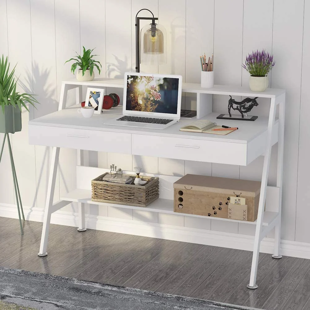 Tribesigns 47 inch Computer Desk, Modern Office Writing Desk with Storage Shelf & Drawers for Home Office, White
