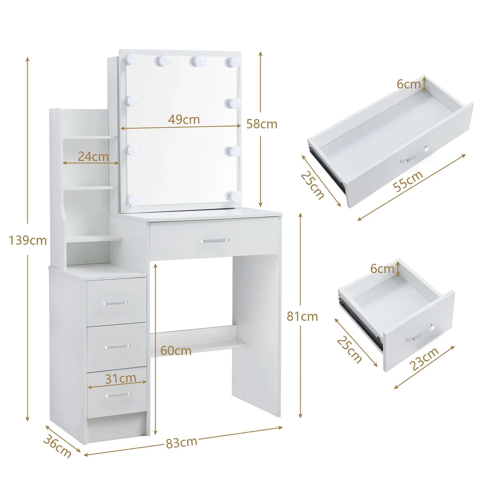 Jarbalai Makeup Vanity Table with Mirror and Lights, Vanity Desk w/ Stool for Girls Dressing, White