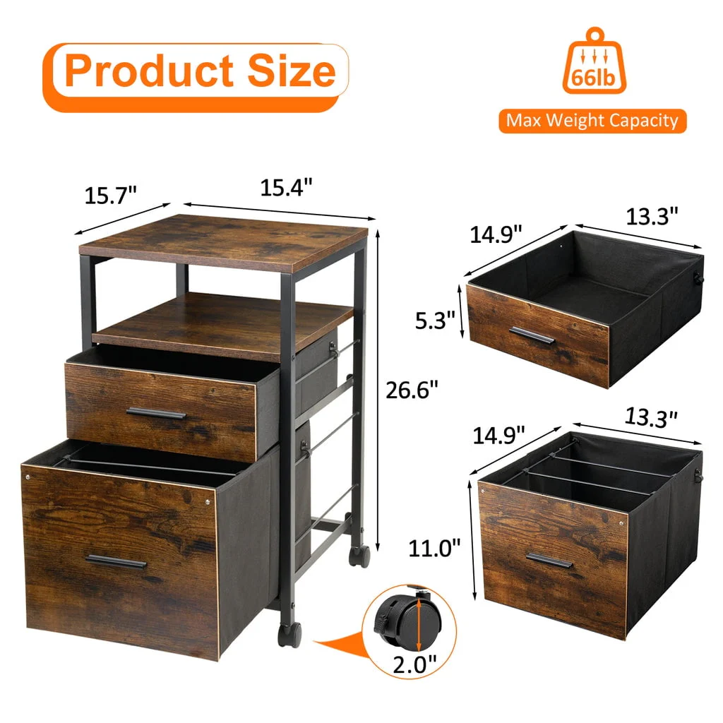 MONVANE File Cabinet with 2 Drawers for A4 Letter Size for Home Office, Mobile Printer Stand with Storage,Brown