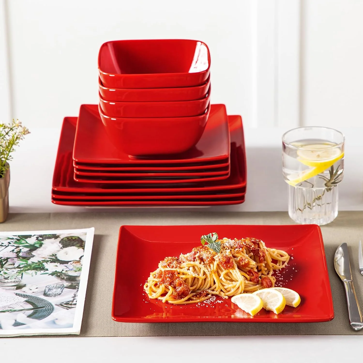 Dinnerware Sets 12 Pieces, Stoneware Square Place Setting, Dinner Plate, Dessert Plate, Bowls Service for 4