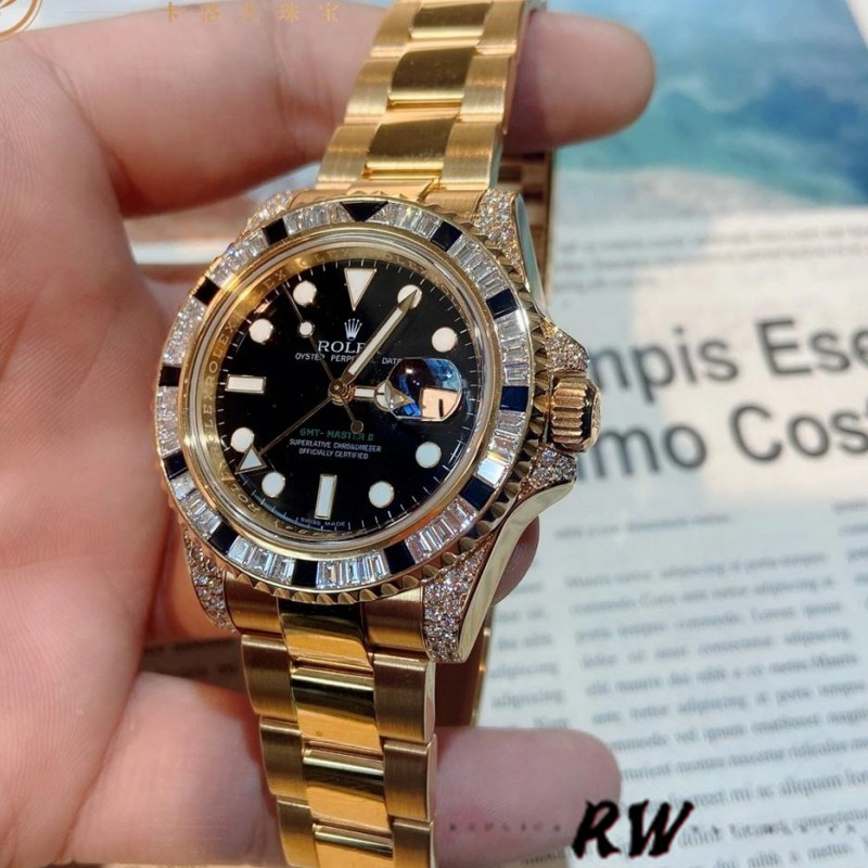 【Super Clone】Rolex GMT-Master II 116758 Yellow Gold Black Dial Diamonds 40mm Mens Replica Watch
