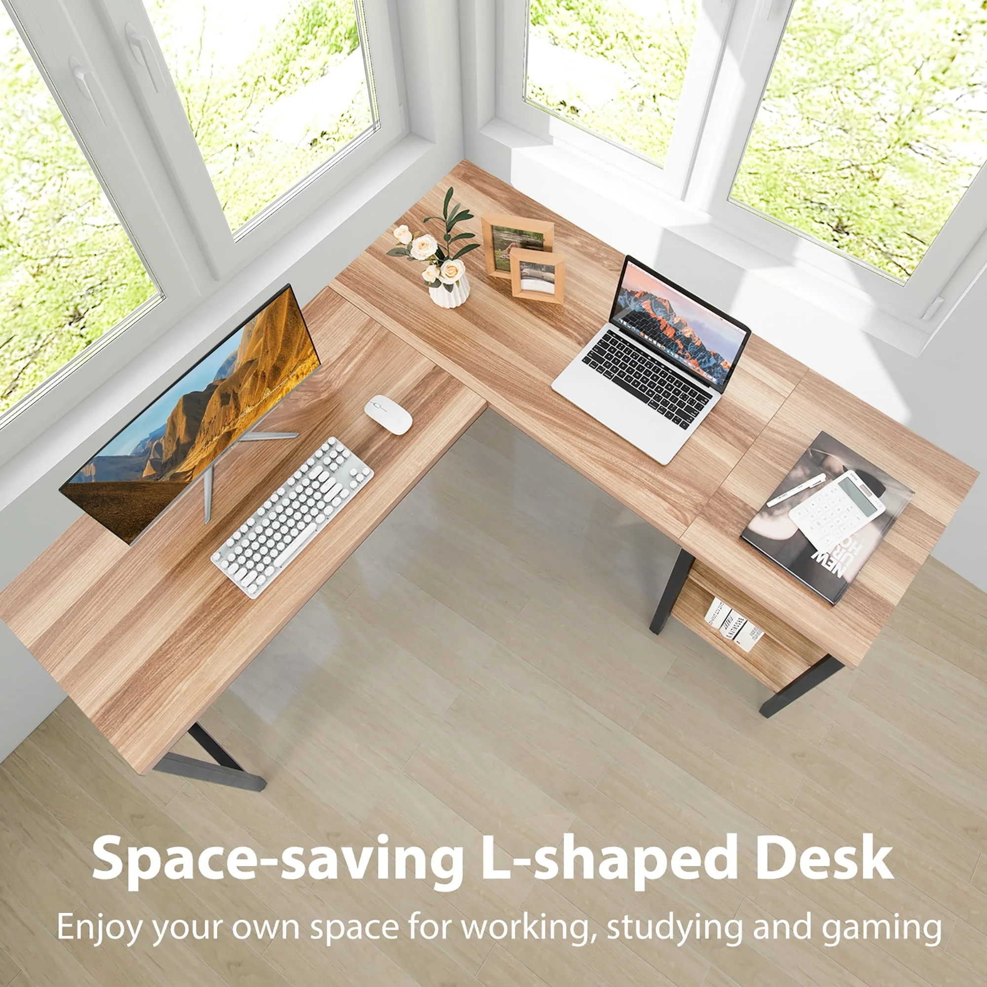 Costway L-Shaped Corner Computer Desk Home Office Workstation w/ Storage Shelves Oak