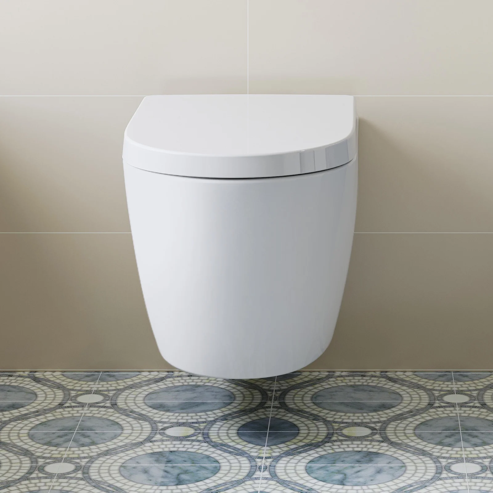 HOROW Wall Hung Toilet,with Soft Closing Seat,Round Floating Bowl, Rear Outlet Space Saving,White