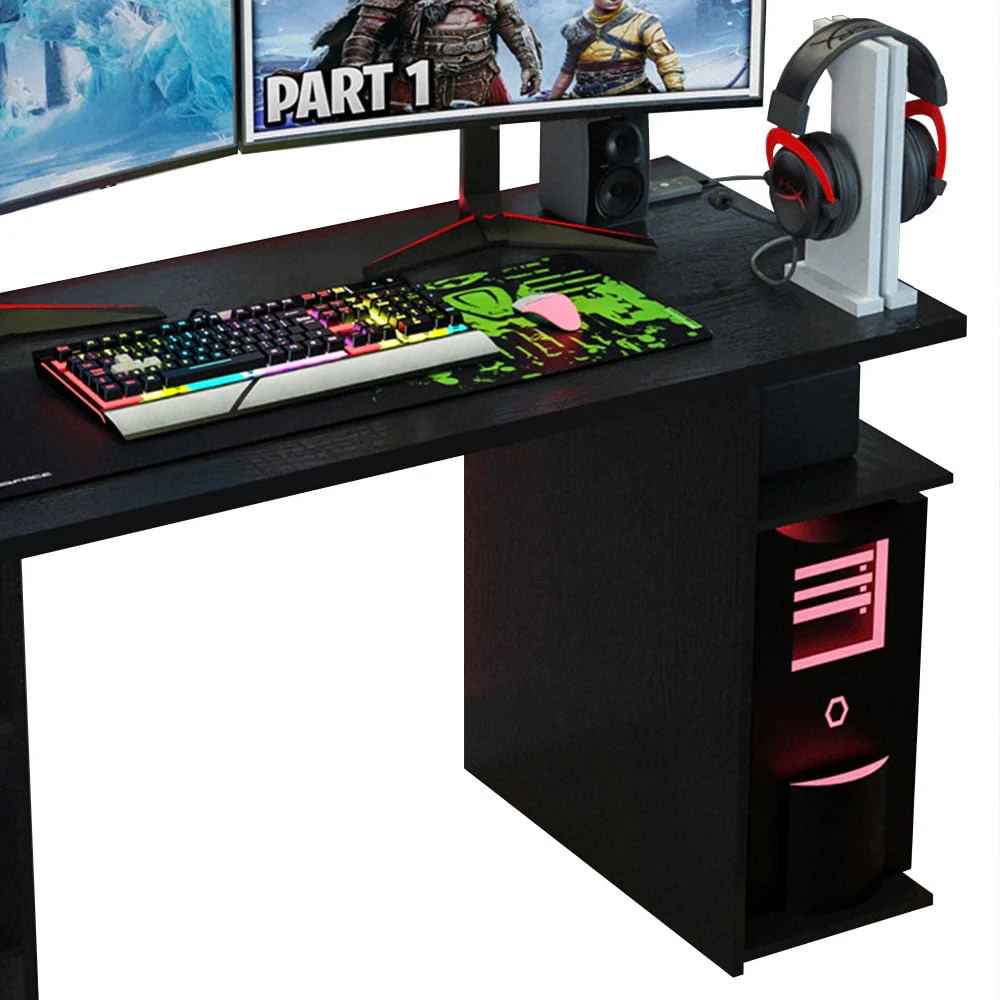 Madesa 53 inch Gaming Computer Desk with Shelves, Home Office Desk Writing Workstation, Wood - Black